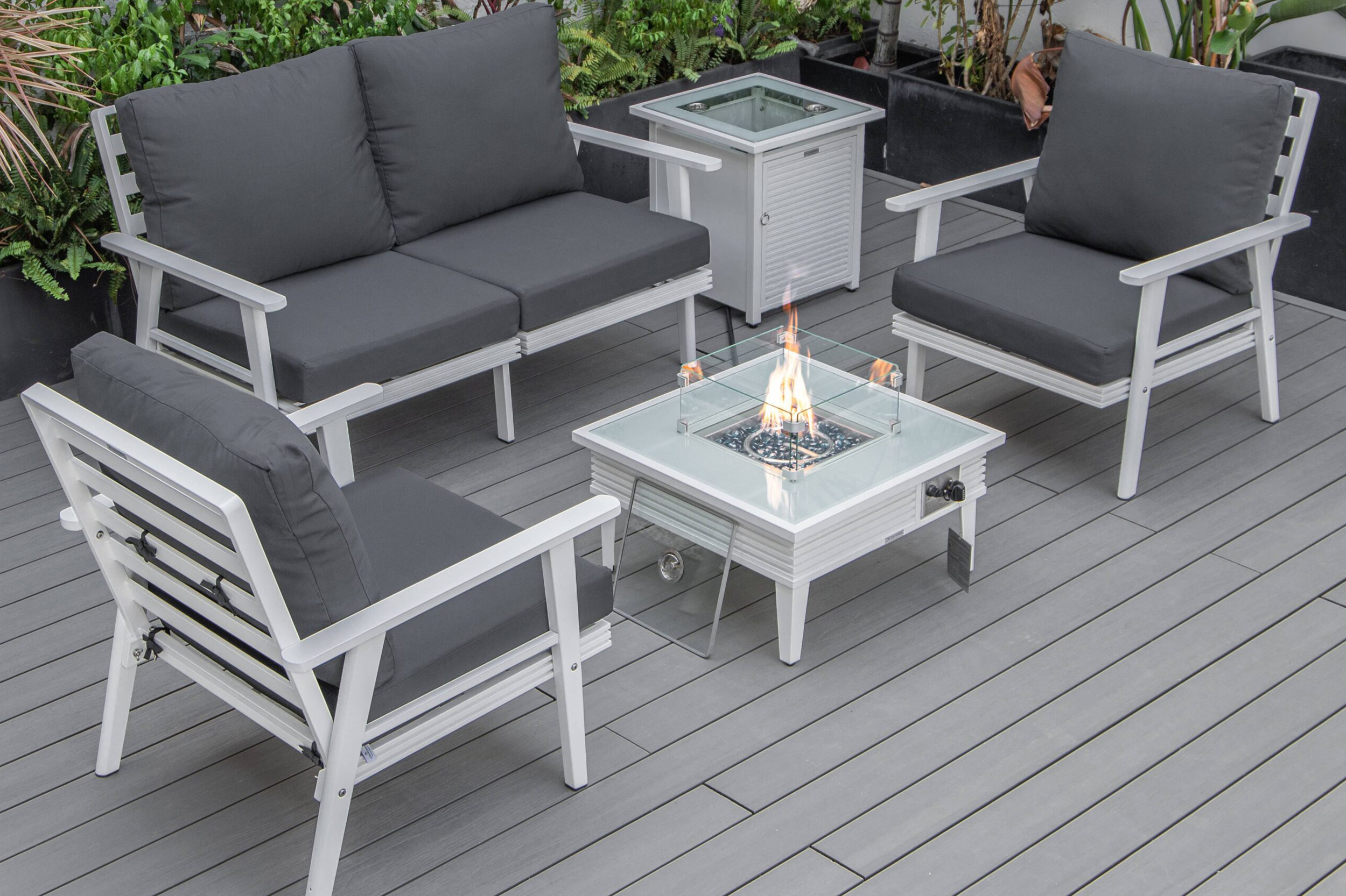 LeisureMod Walbrooke Modern Black Patio Conversation With Square Fire Pit With Slats Design & Tank Holder