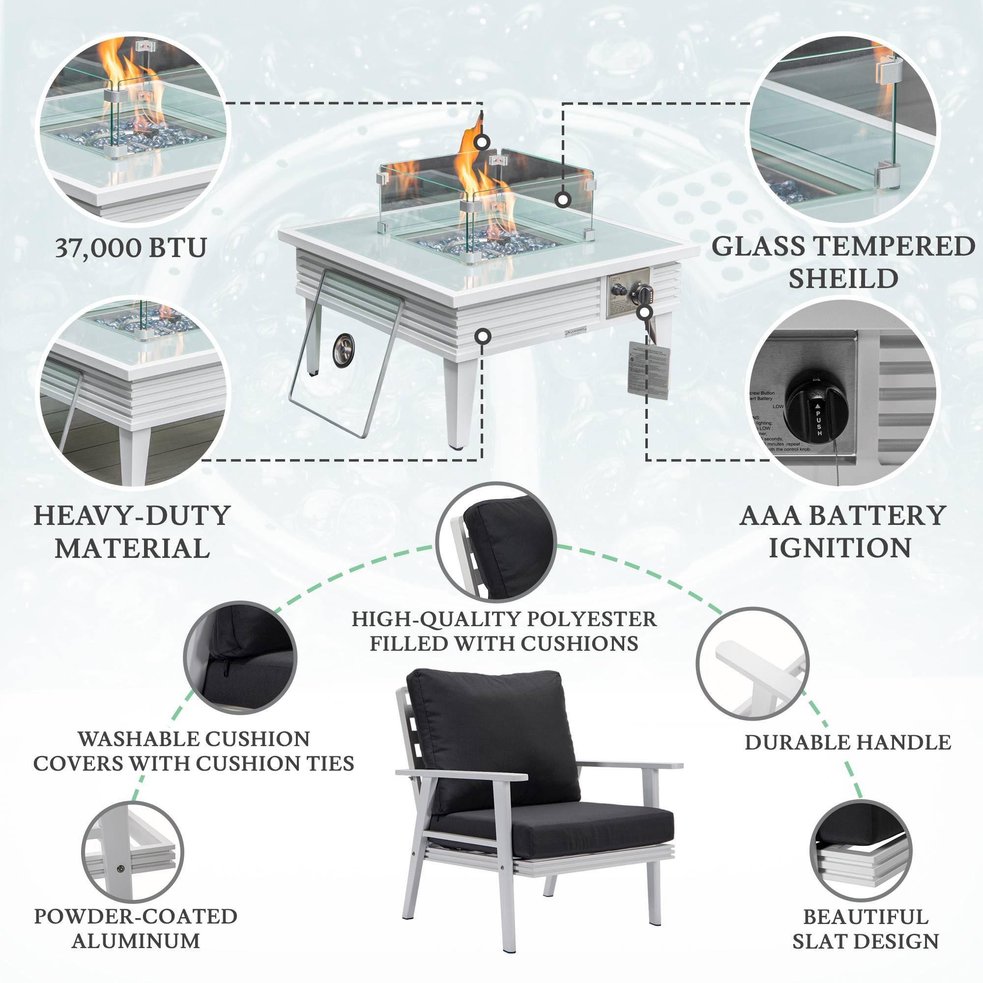 LeisureMod Walbrooke Modern White Patio Conversation With Square Fire Pit With Slats Design & Tank Holder - Charcoal