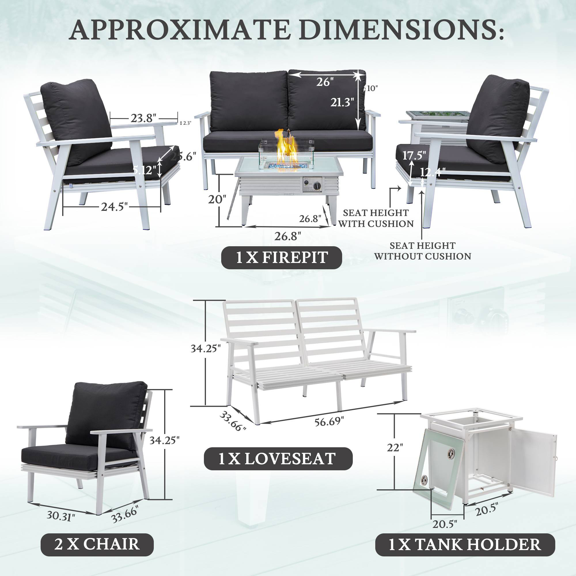 LeisureMod Walbrooke Modern White Patio Conversation With Square Fire Pit With Slats Design & Tank Holder - Charcoal