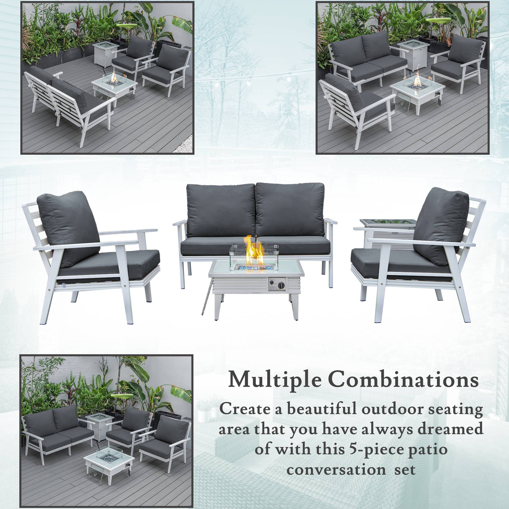 LeisureMod Walbrooke Modern White Patio Conversation With Square Fire Pit With Slats Design & Tank Holder - Charcoal