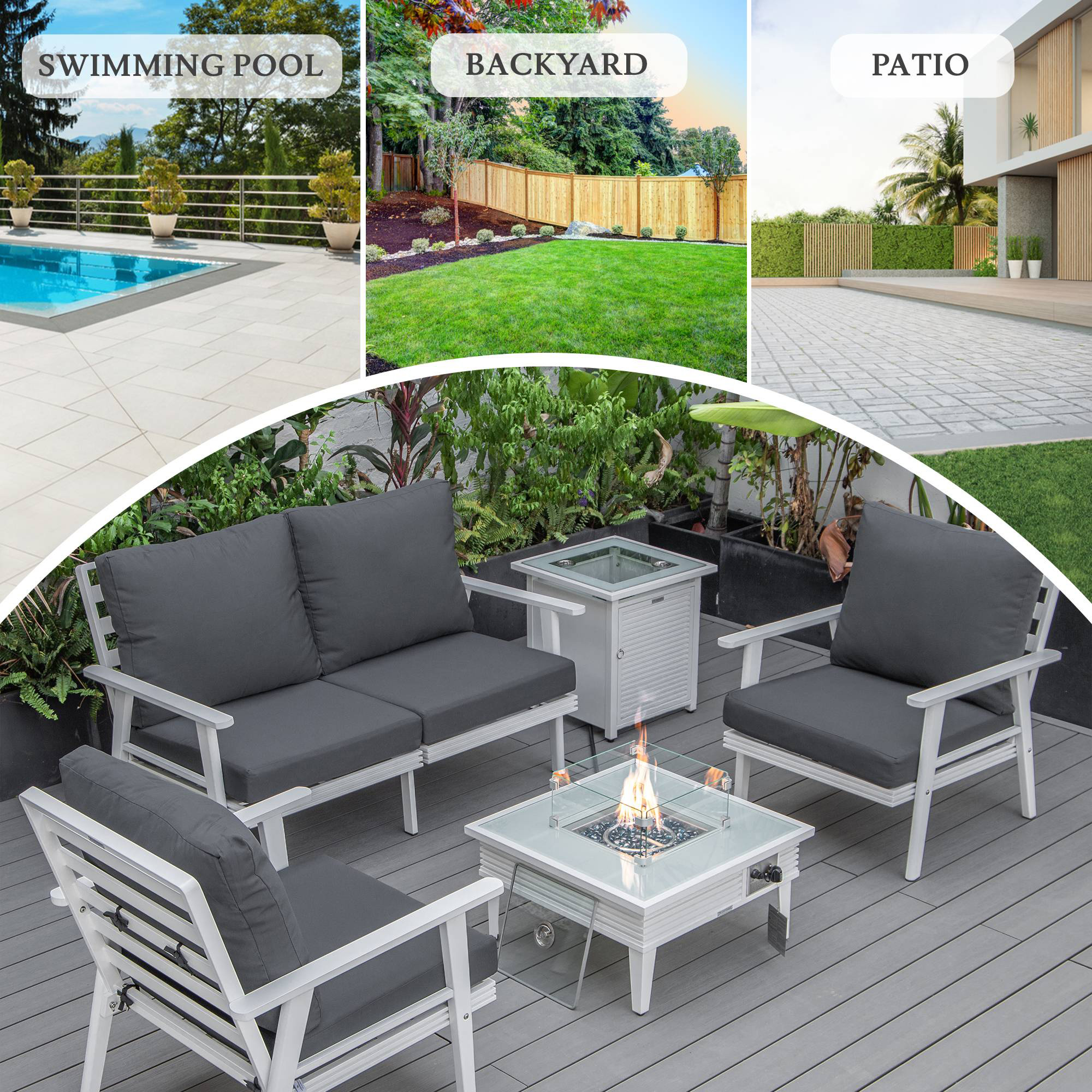 LeisureMod Walbrooke Modern White Patio Conversation With Square Fire Pit With Slats Design & Tank Holder - Charcoal