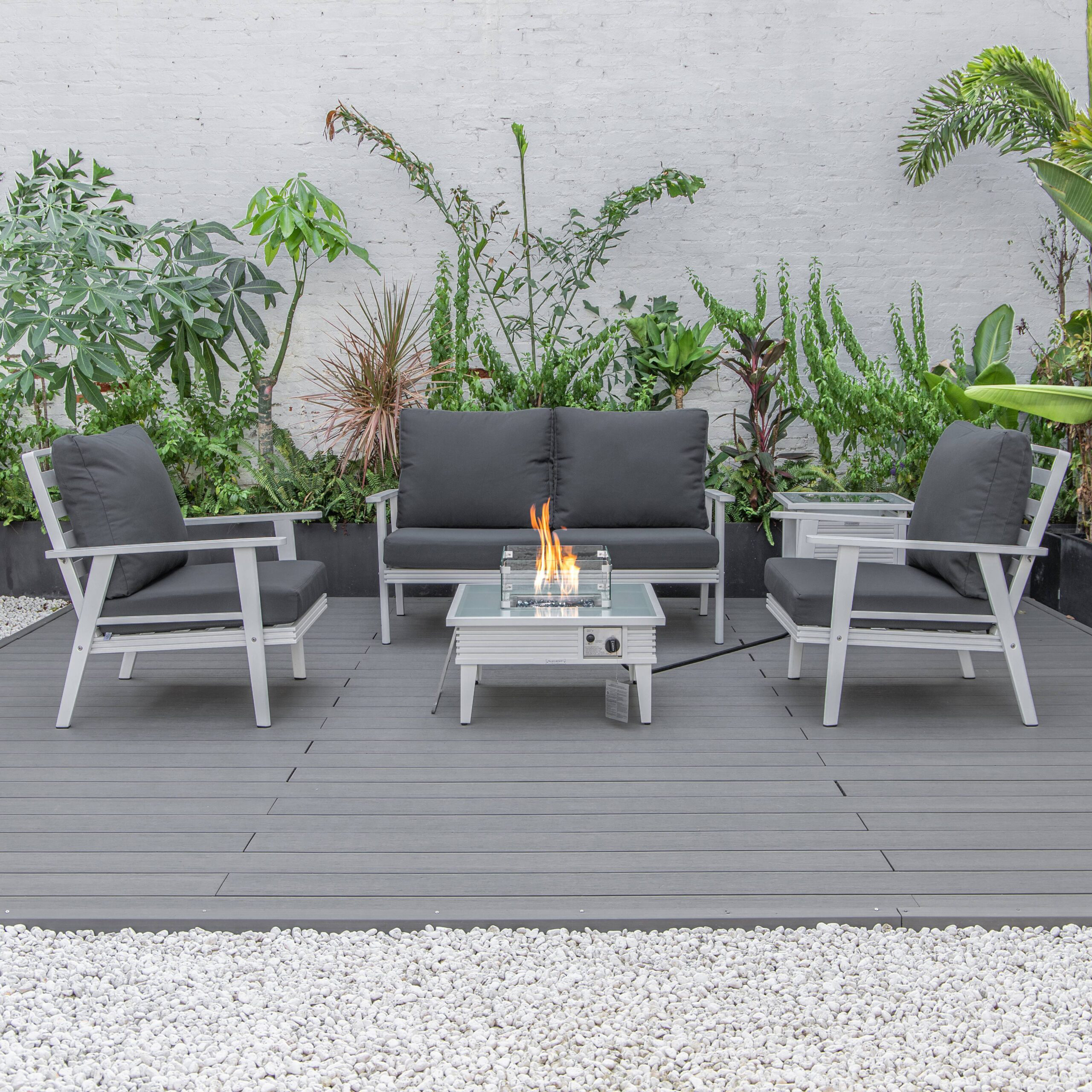 LeisureMod Walbrooke Modern White Patio Conversation With Square Fire Pit With Slats Design & Tank Holder - Charcoal