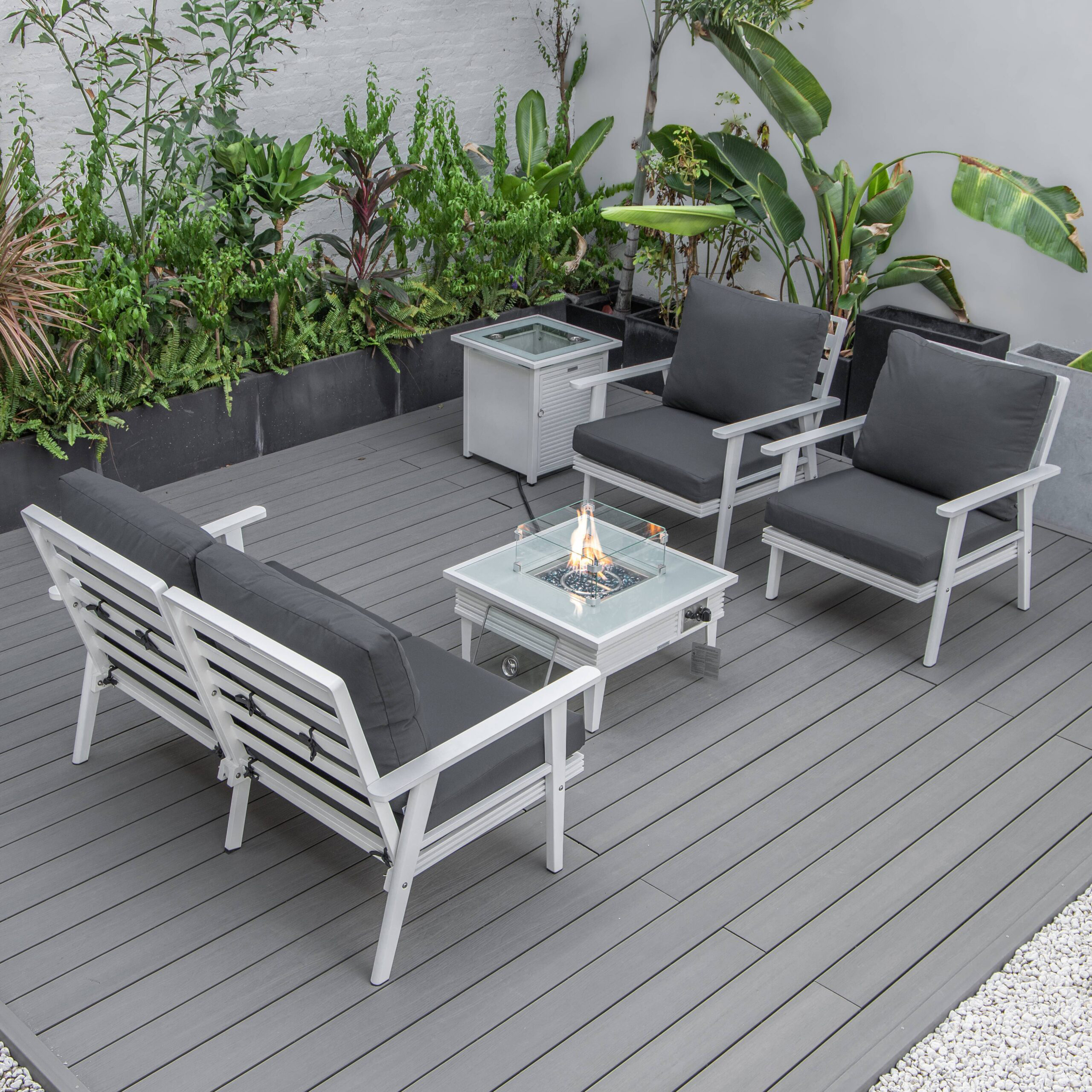 LeisureMod Walbrooke Modern White Patio Conversation With Square Fire Pit With Slats Design & Tank Holder - Charcoal