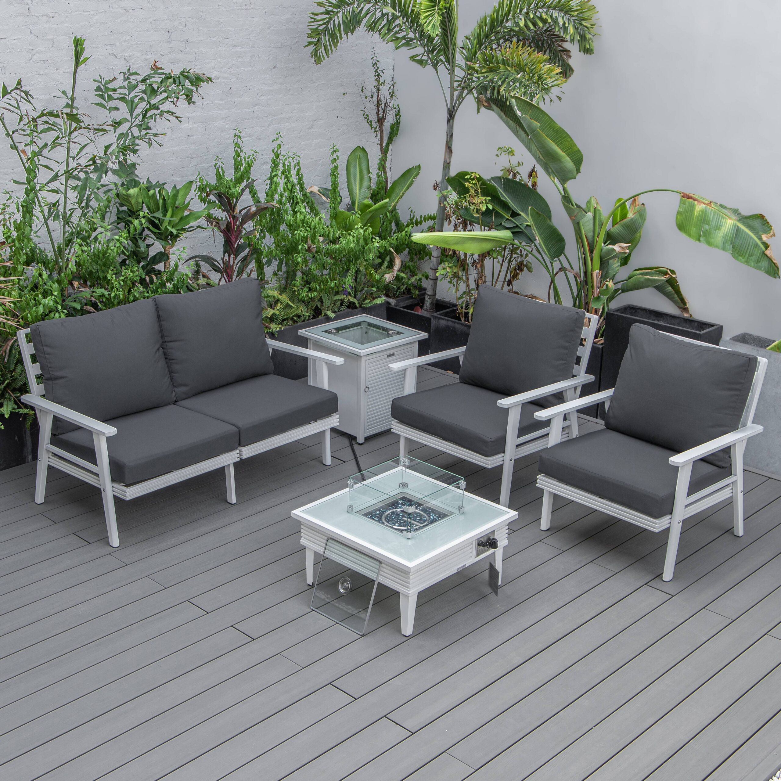 LeisureMod Walbrooke Modern White Patio Conversation With Square Fire Pit With Slats Design & Tank Holder - Charcoal