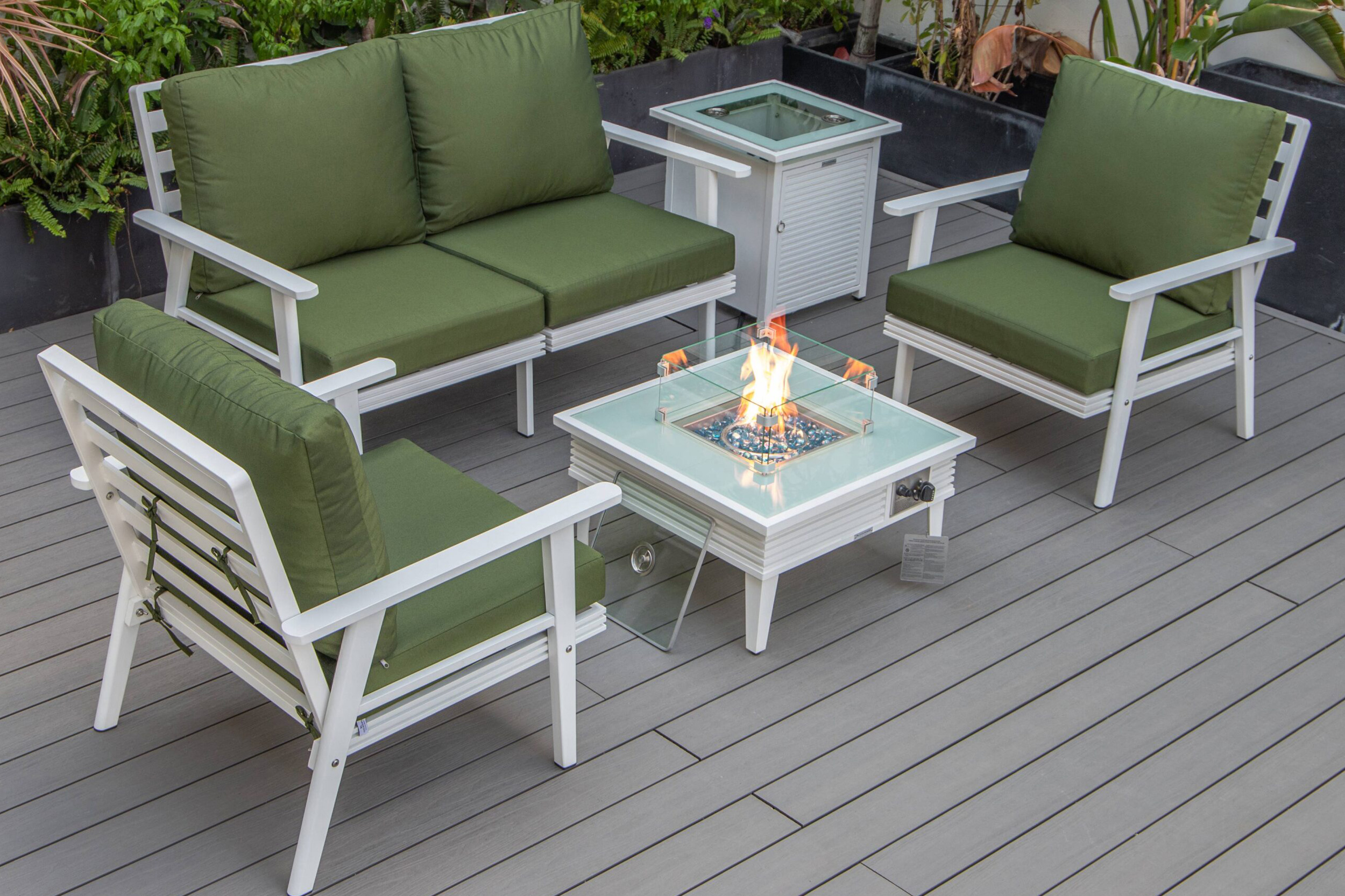 LeisureMod Walbrooke Modern Black Patio Conversation With Square Fire Pit With Slats Design & Tank Holder