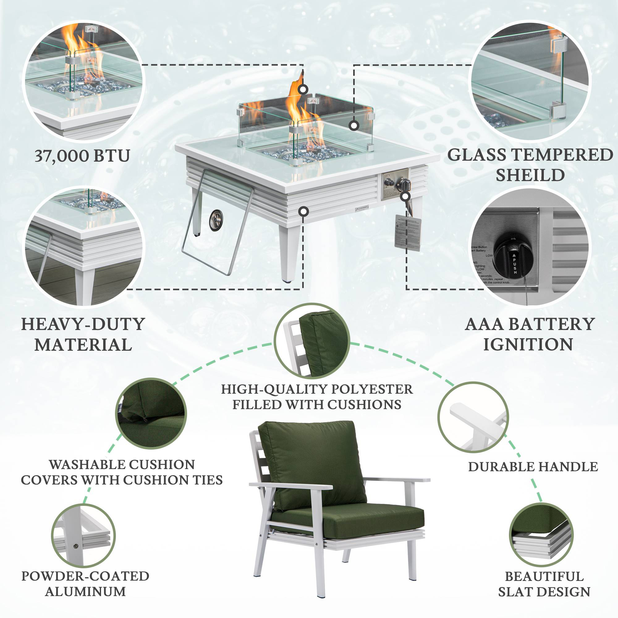 LeisureMod Walbrooke Modern White Patio Conversation With Square Fire Pit With Slats Design & Tank Holder - Green