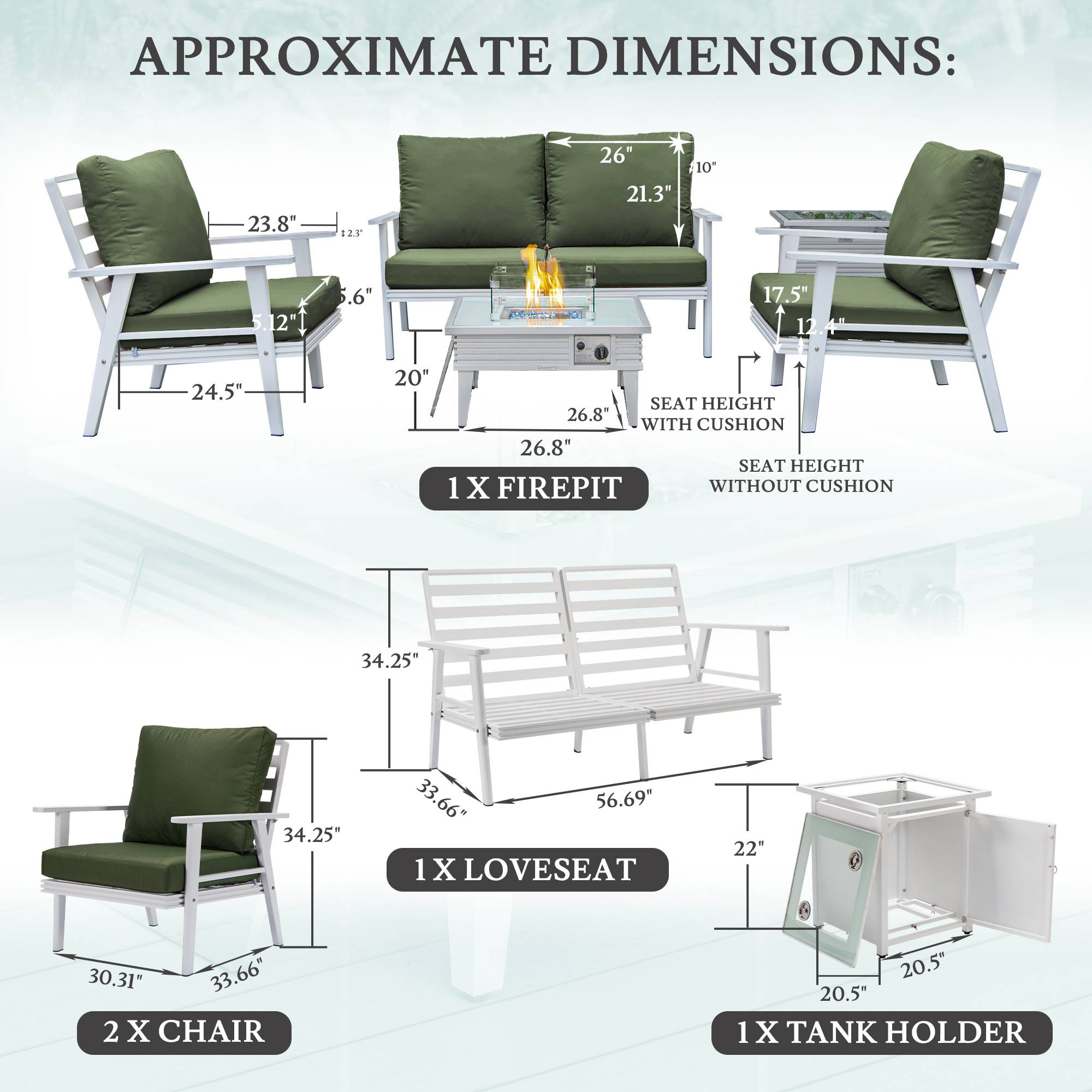 LeisureMod Walbrooke Modern White Patio Conversation With Square Fire Pit With Slats Design & Tank Holder - Green