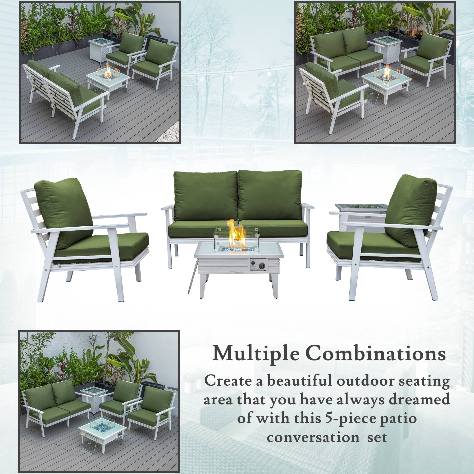 LeisureMod Walbrooke Modern White Patio Conversation With Square Fire Pit With Slats Design & Tank Holder - Green