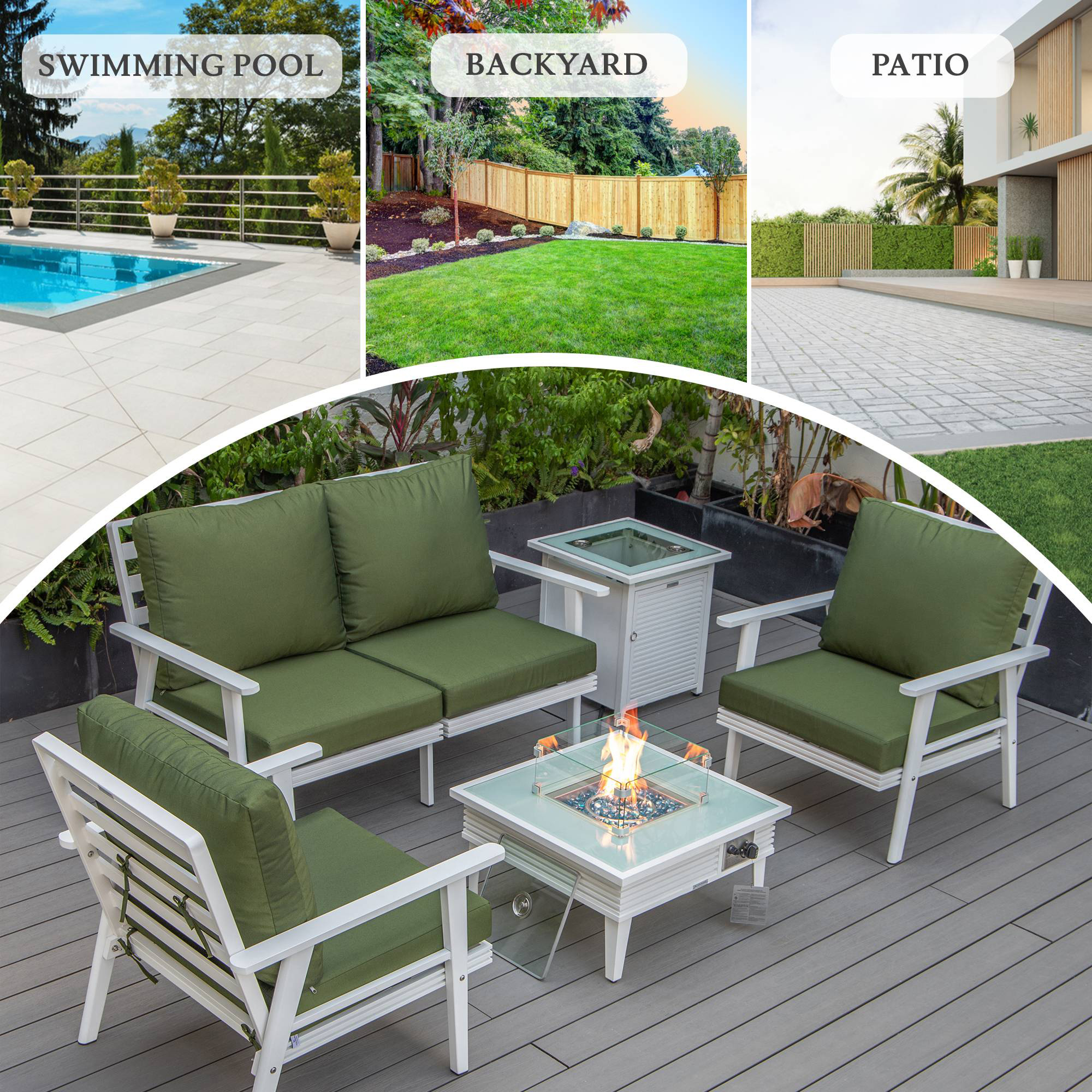 LeisureMod Walbrooke Modern White Patio Conversation With Square Fire Pit With Slats Design & Tank Holder - Green