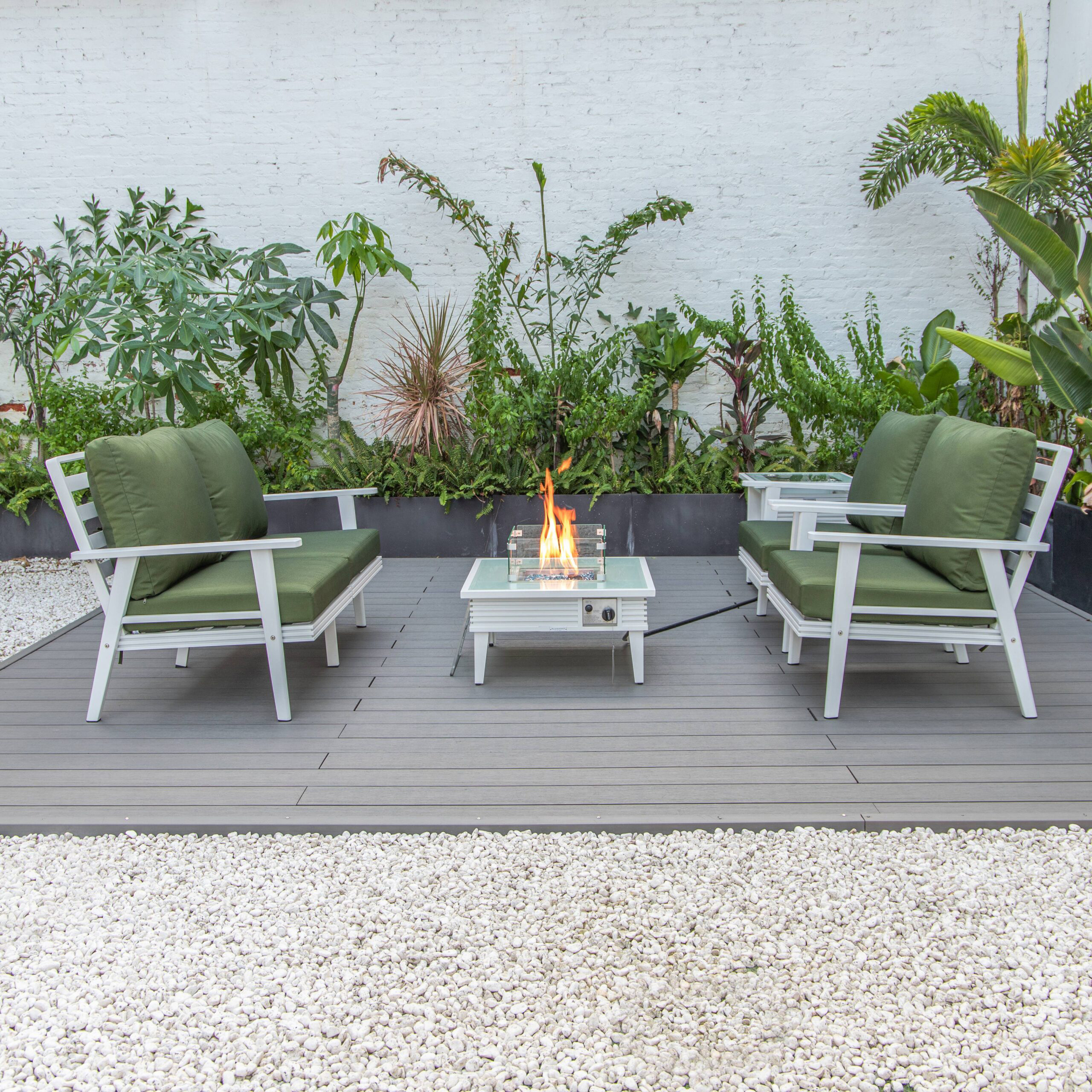 LeisureMod Walbrooke Modern White Patio Conversation With Square Fire Pit With Slats Design & Tank Holder - Green