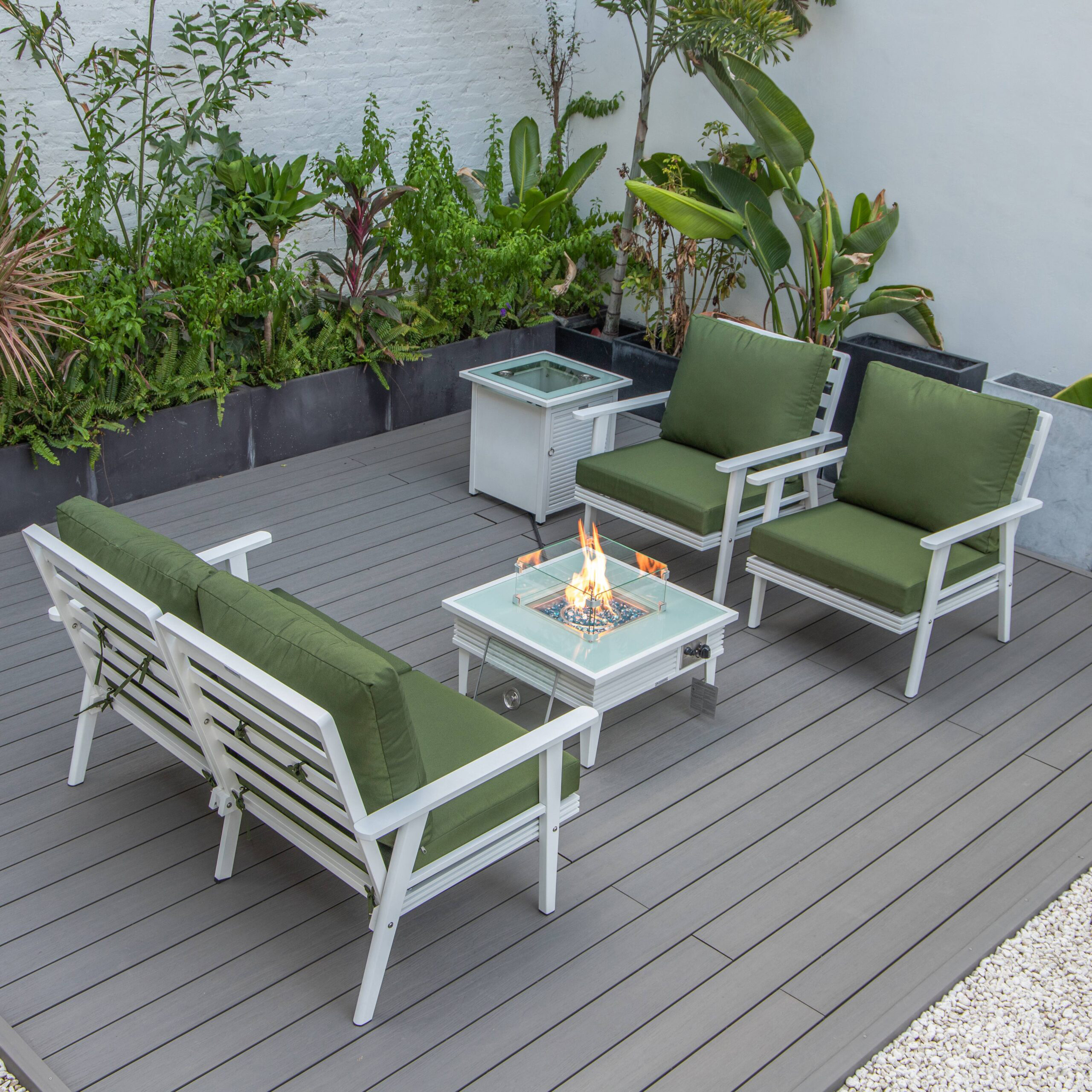 LeisureMod Walbrooke Modern White Patio Conversation With Square Fire Pit With Slats Design & Tank Holder - Green