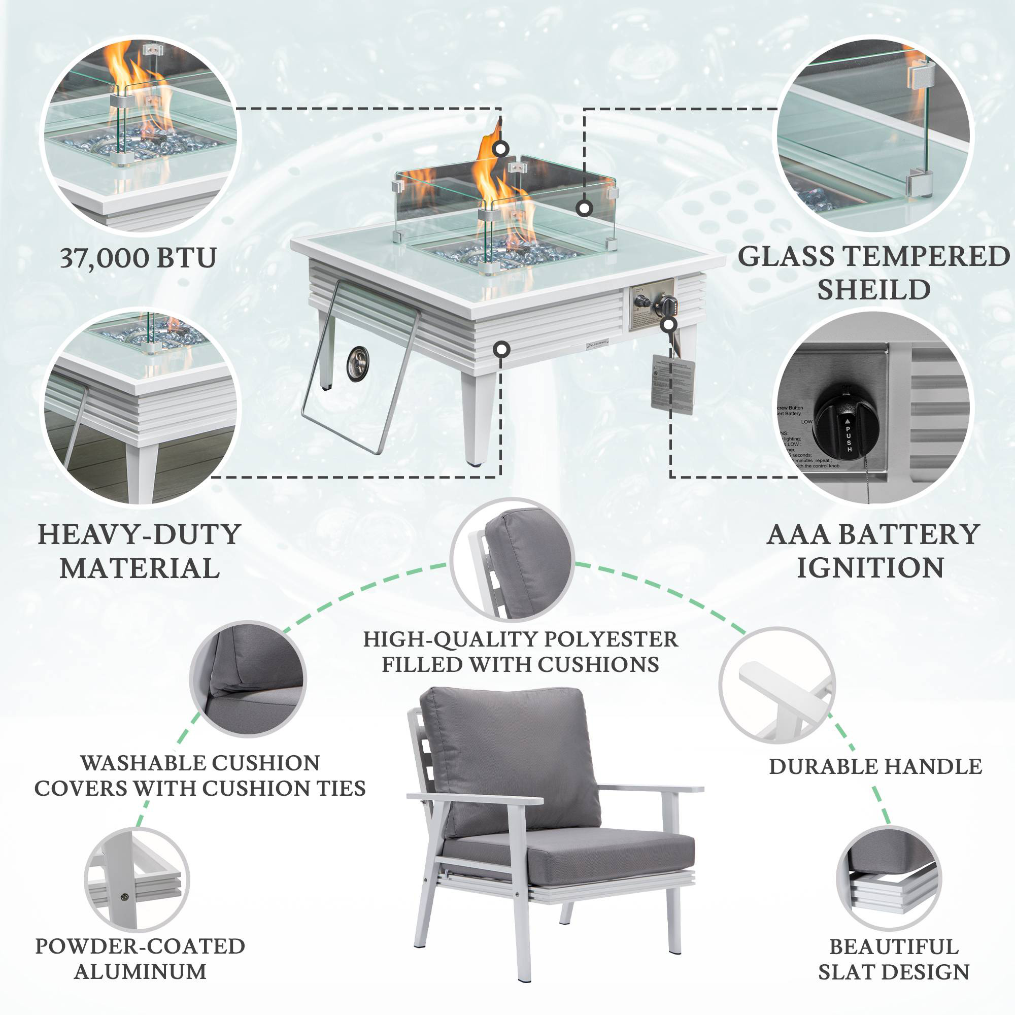 LeisureMod Walbrooke Modern White Patio Conversation With Square Fire Pit With Slats Design & Tank Holder - Gray