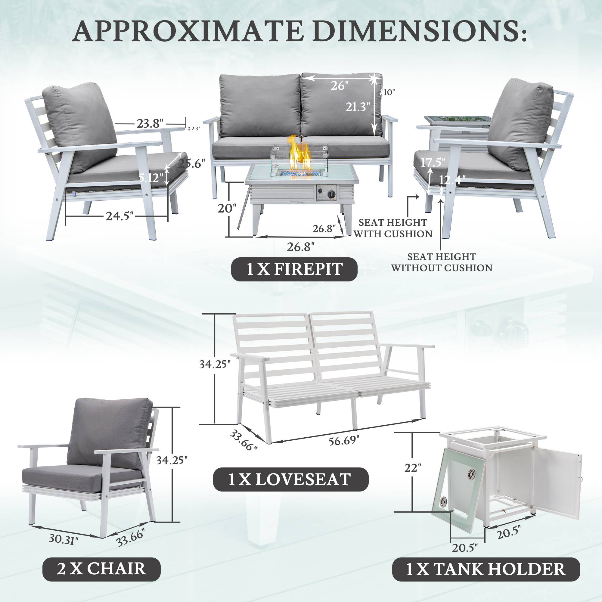 LeisureMod Walbrooke Modern White Patio Conversation With Square Fire Pit With Slats Design & Tank Holder - Gray