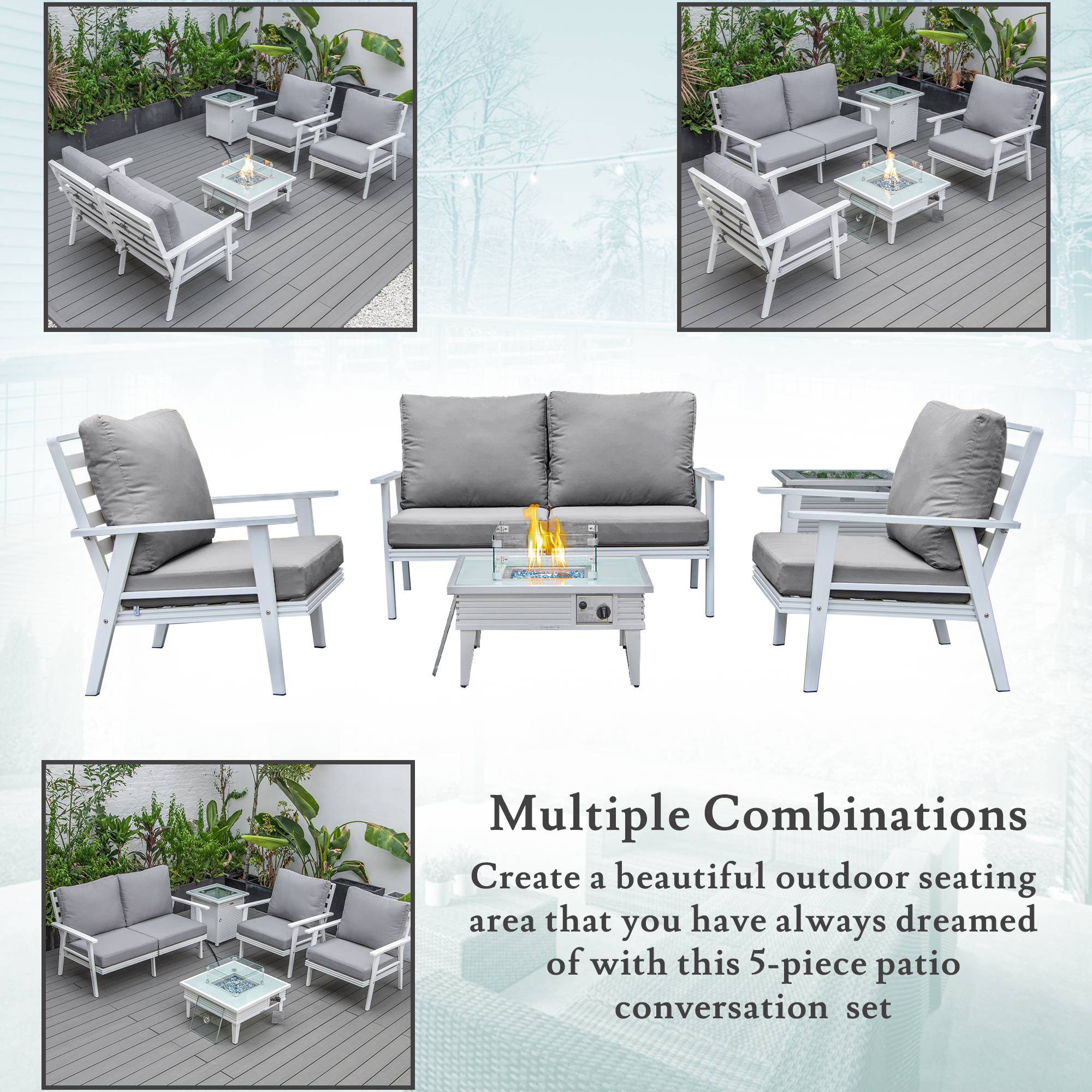 LeisureMod Walbrooke Modern White Patio Conversation With Square Fire Pit With Slats Design & Tank Holder - Gray