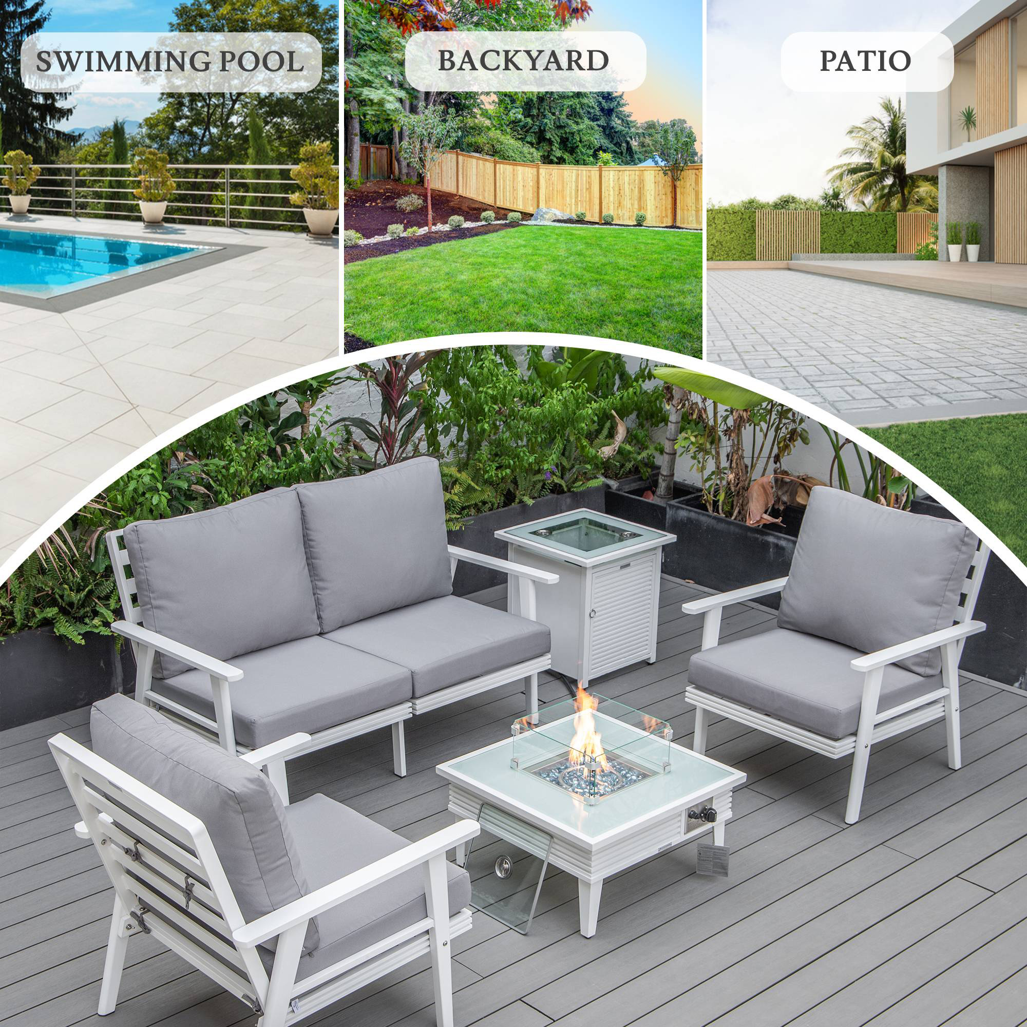 LeisureMod Walbrooke Modern White Patio Conversation With Square Fire Pit With Slats Design & Tank Holder - Gray