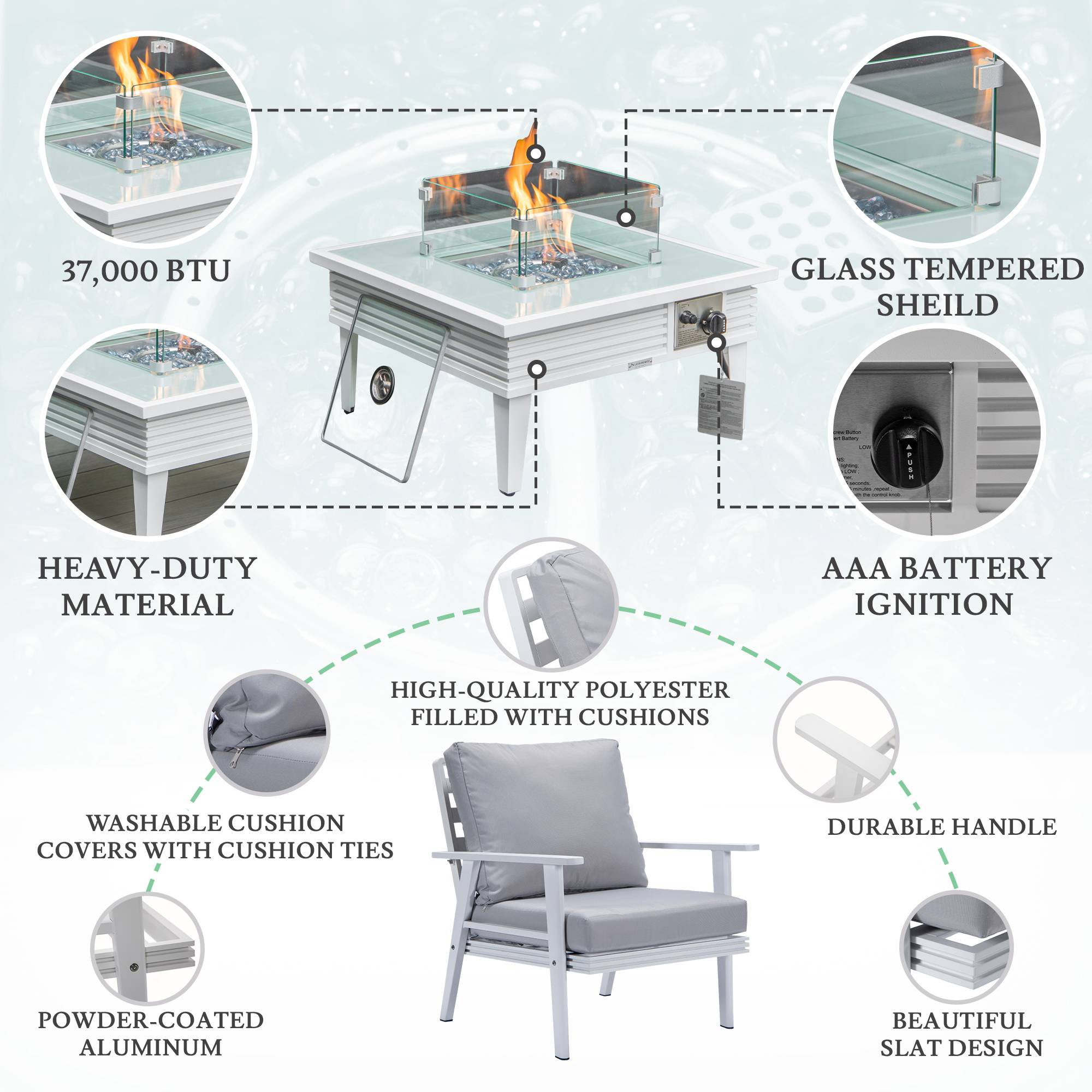 LeisureMod™ Walbrooke Modern White Patio Conversation With Square Fire Pit With Slats Design & Tank Holder - Light Gray