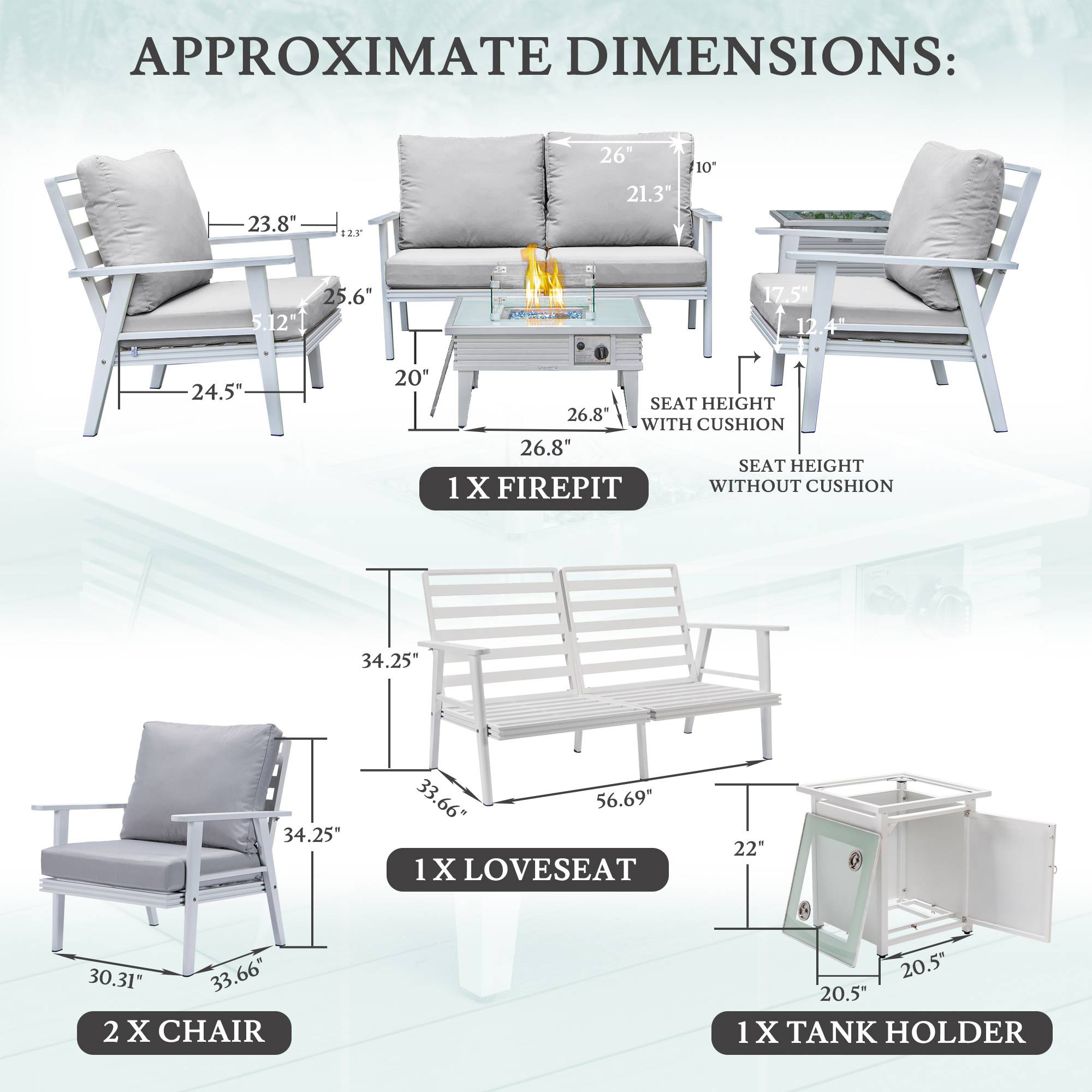 LeisureMod™ Walbrooke Modern White Patio Conversation With Square Fire Pit With Slats Design & Tank Holder - Light Gray