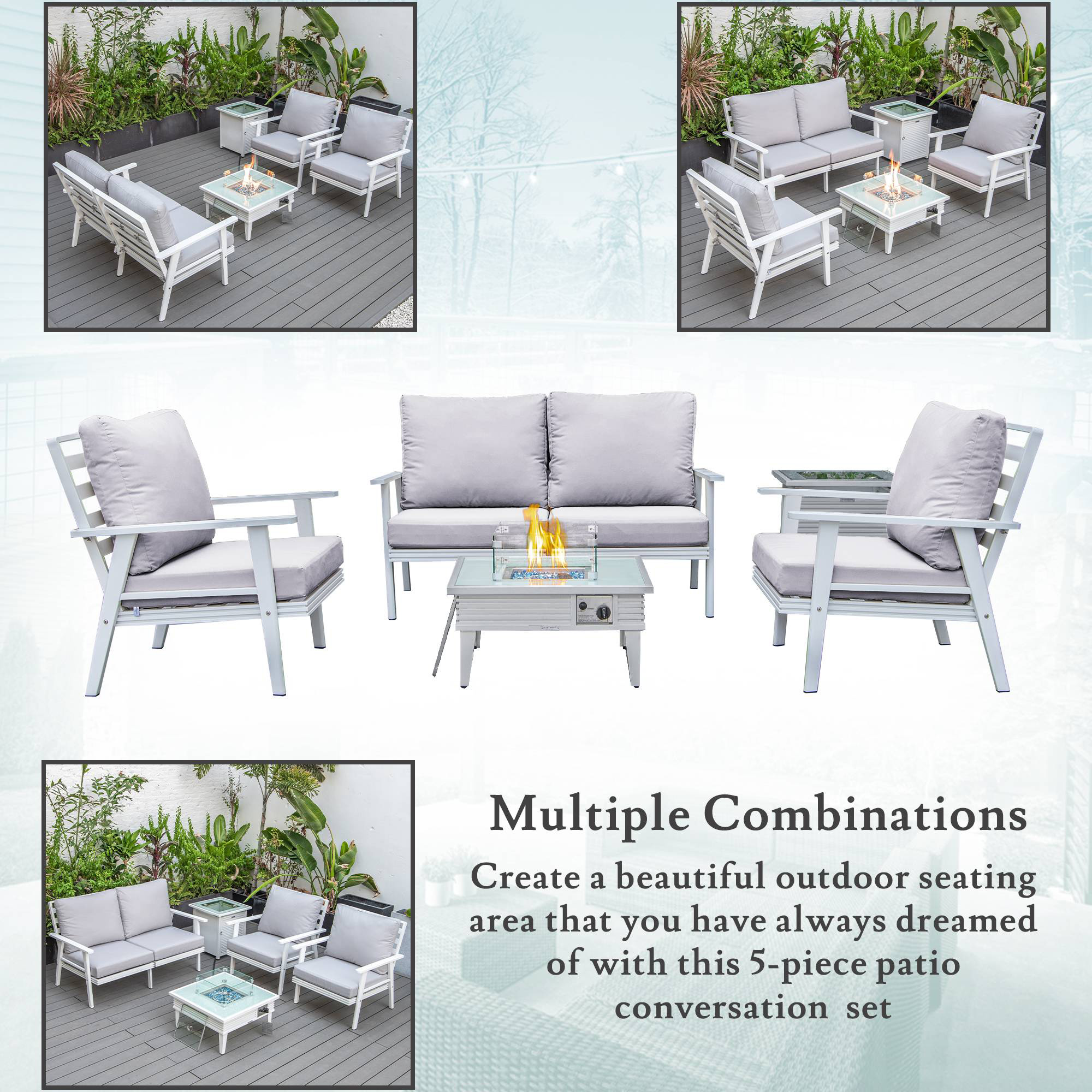 LeisureMod™ Walbrooke Modern White Patio Conversation With Square Fire Pit With Slats Design & Tank Holder - Light Gray