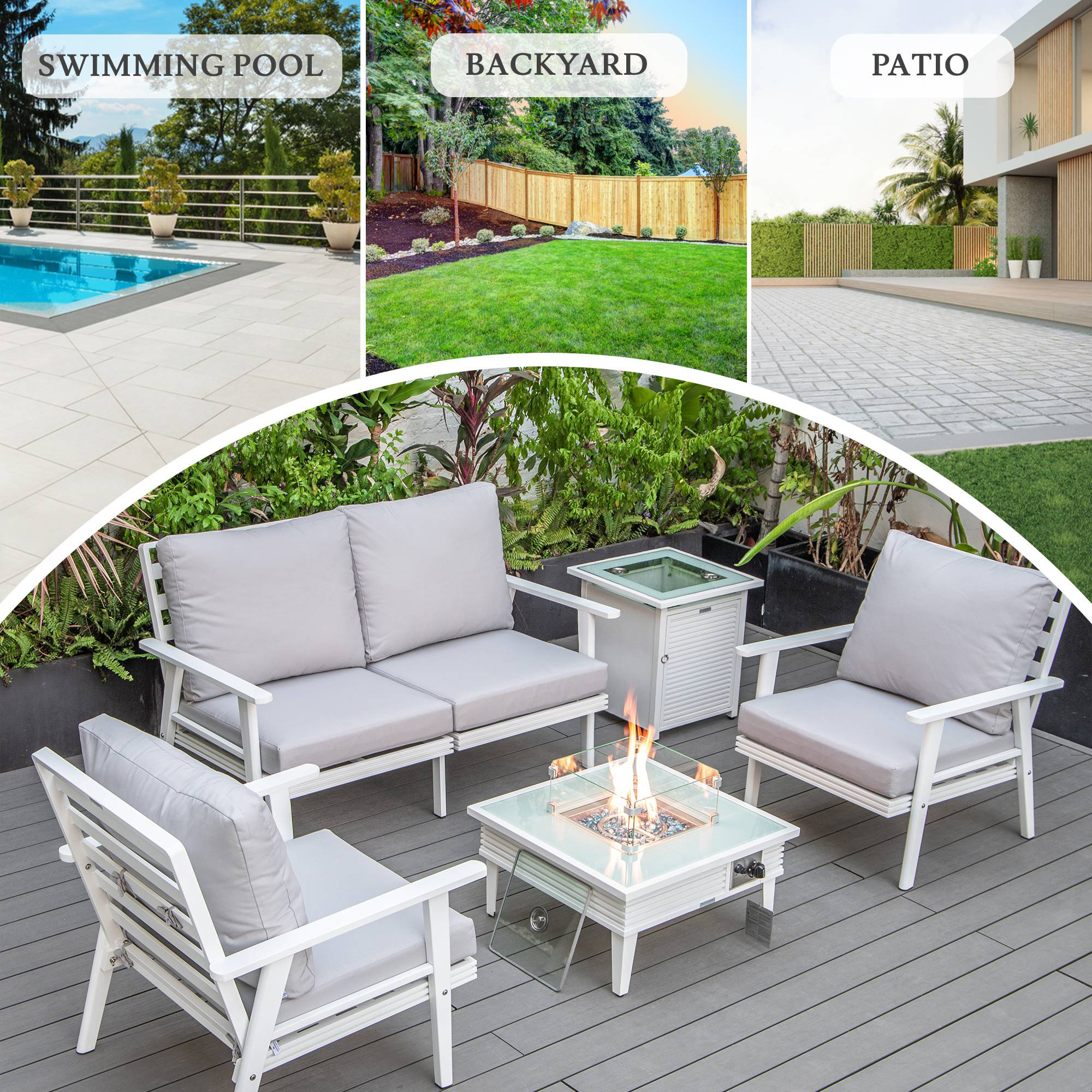 LeisureMod™ Walbrooke Modern White Patio Conversation With Square Fire Pit With Slats Design & Tank Holder - Light Gray