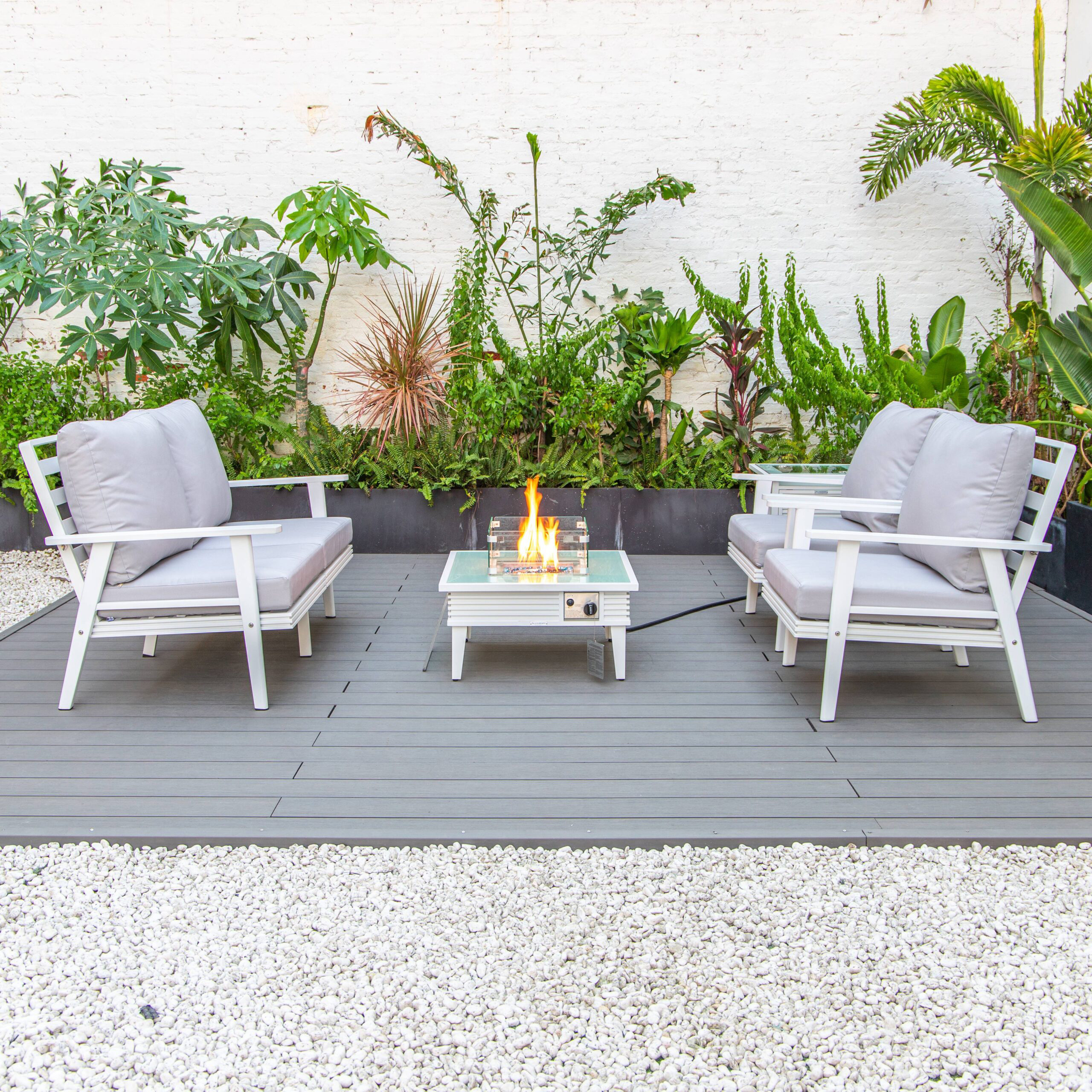 LeisureMod™ Walbrooke Modern White Patio Conversation With Square Fire Pit With Slats Design & Tank Holder - Light Gray