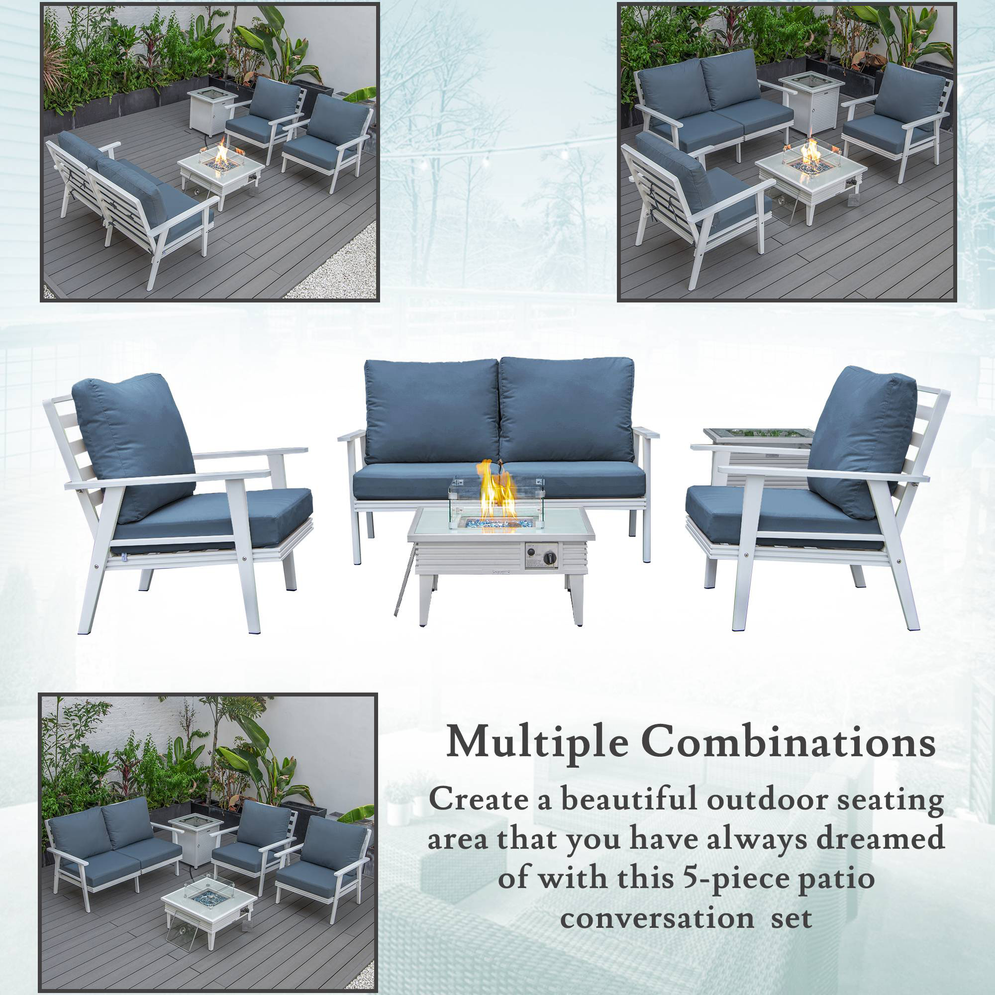 LeisureMod™ Walbrooke Modern White Patio Conversation With Square Fire Pit With Slats Design & Tank Holder - Navy Blue