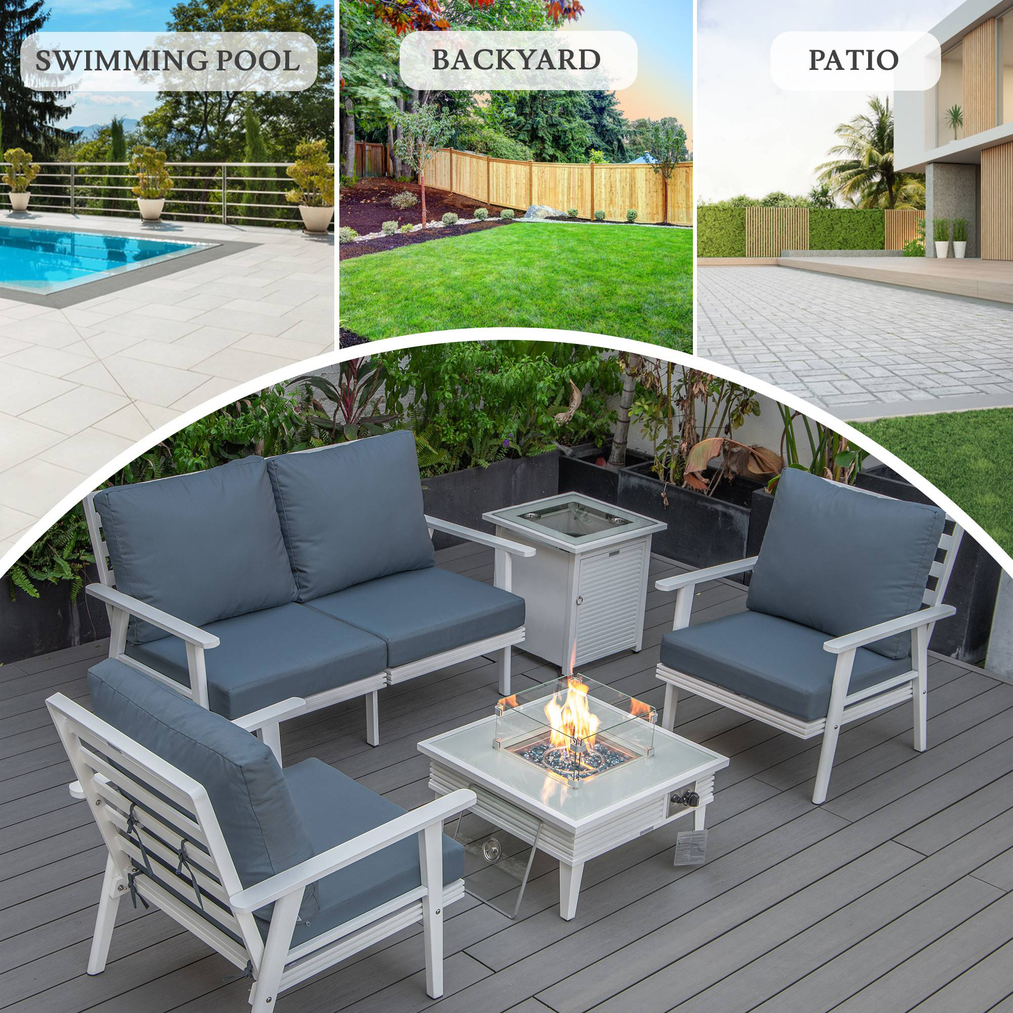 LeisureMod™ Walbrooke Modern White Patio Conversation With Square Fire Pit With Slats Design & Tank Holder - Navy Blue