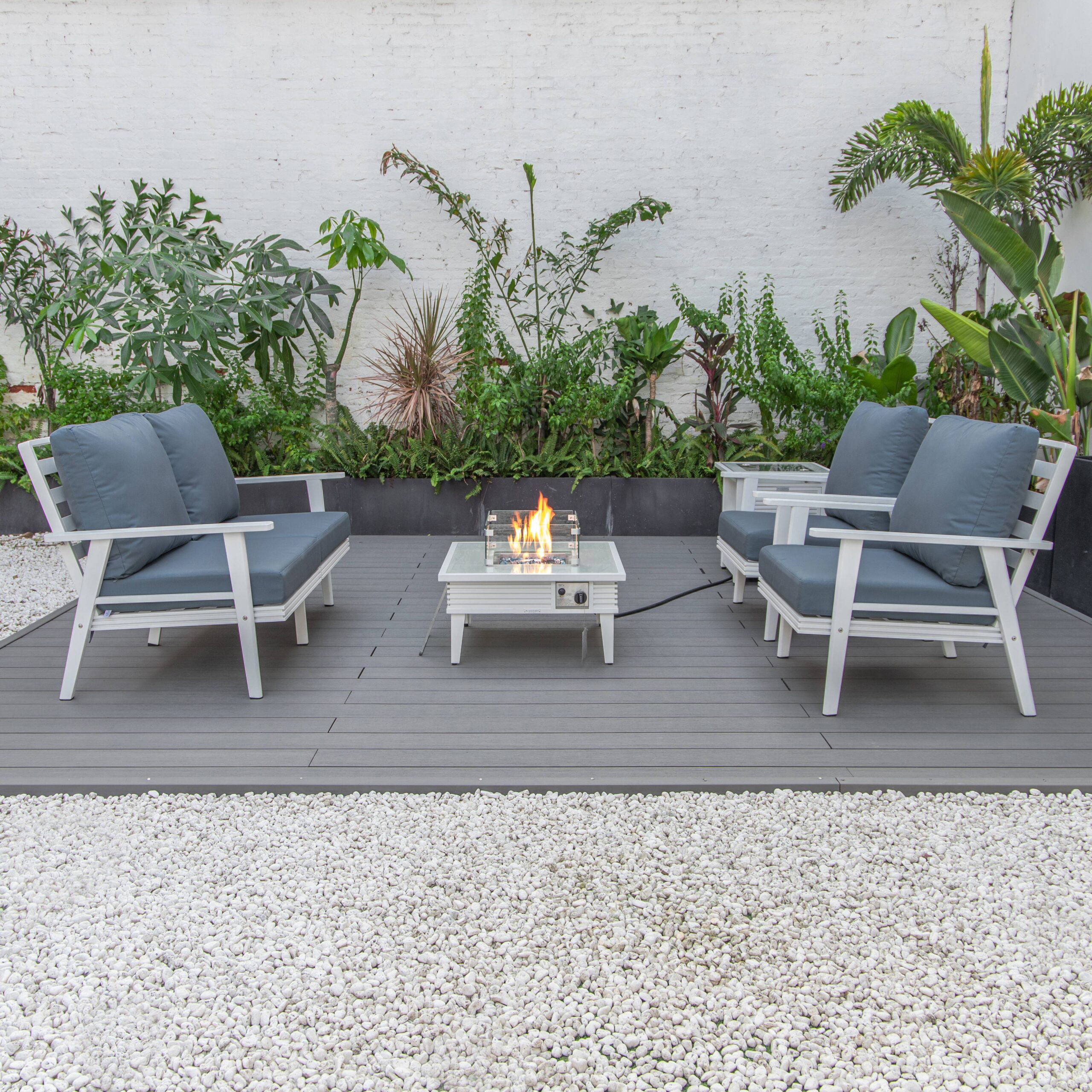 LeisureMod™ Walbrooke Modern White Patio Conversation With Square Fire Pit With Slats Design & Tank Holder - Navy Blue