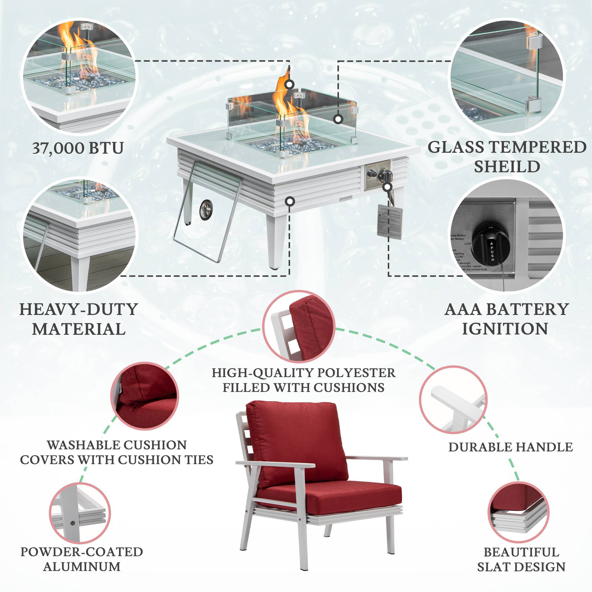 LeisureMod Walbrooke Modern White Patio Conversation With Square Fire Pit With Slats Design & Tank Holder - Red