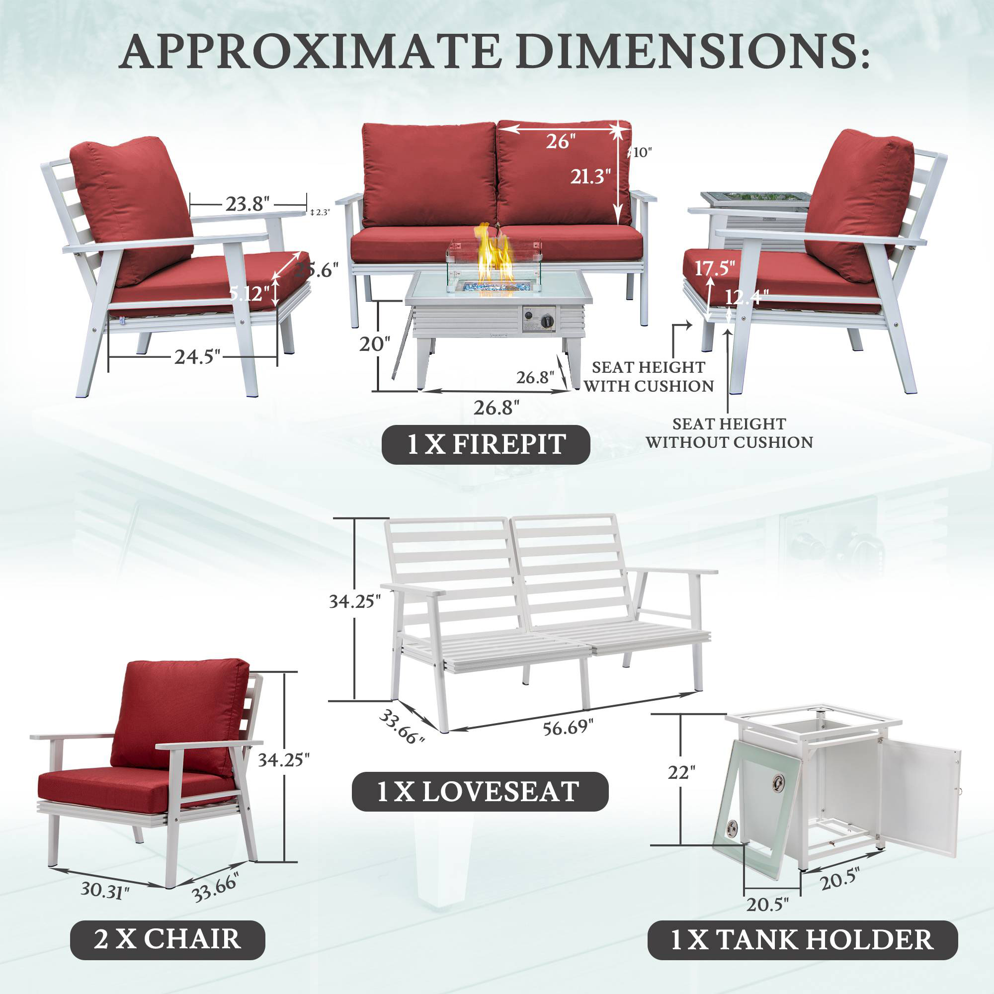 LeisureMod Walbrooke Modern White Patio Conversation With Square Fire Pit With Slats Design & Tank Holder - Red