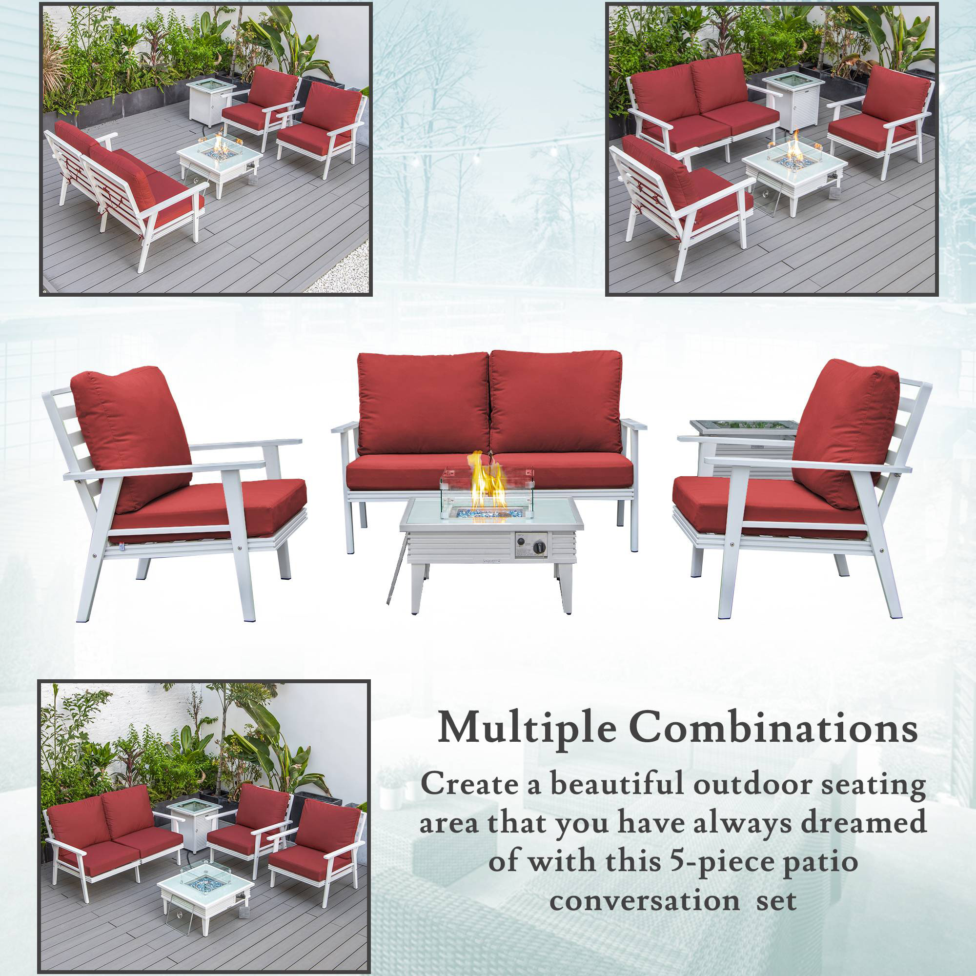 LeisureMod Walbrooke Modern White Patio Conversation With Square Fire Pit With Slats Design & Tank Holder - Red