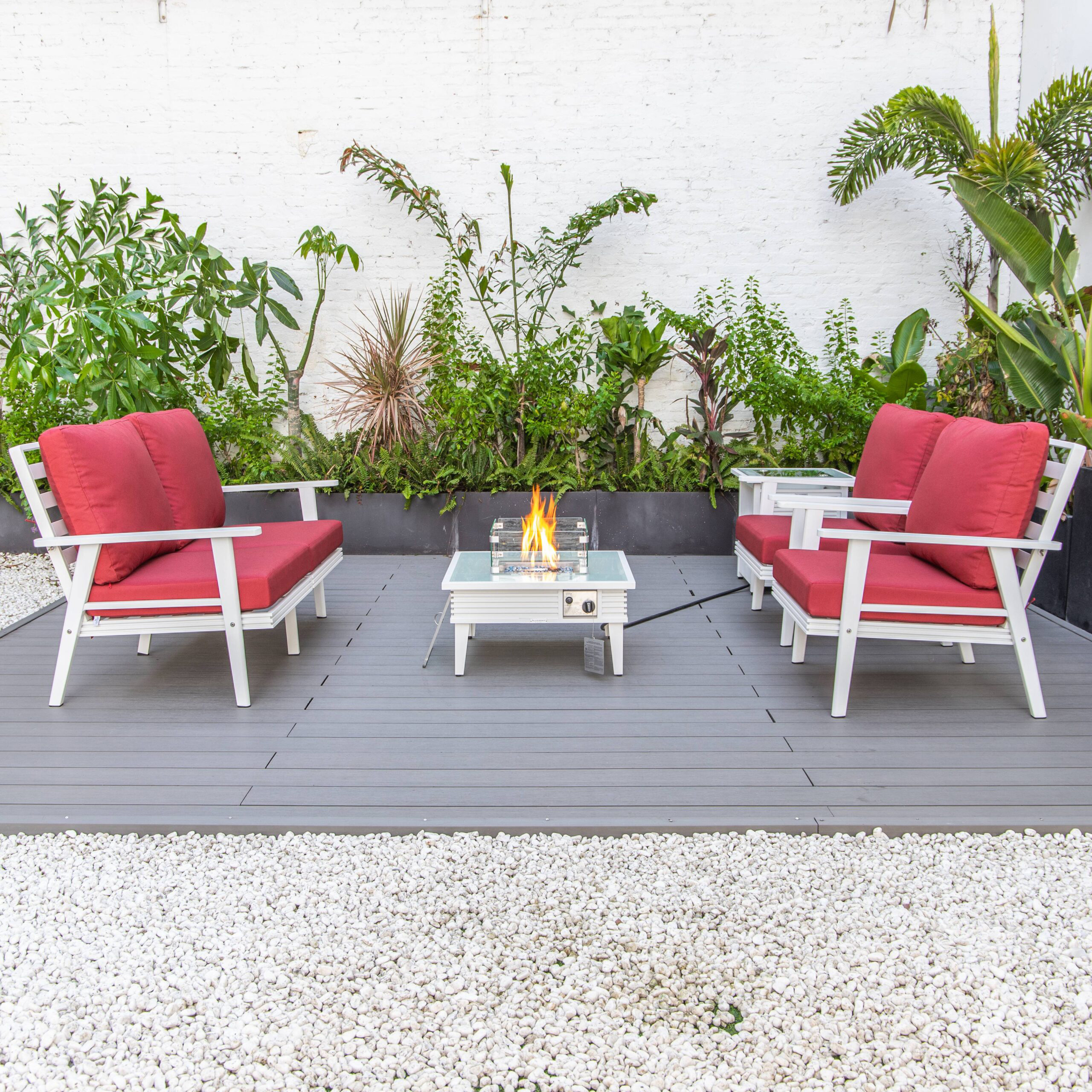 LeisureMod Walbrooke Modern White Patio Conversation With Square Fire Pit With Slats Design & Tank Holder - Red