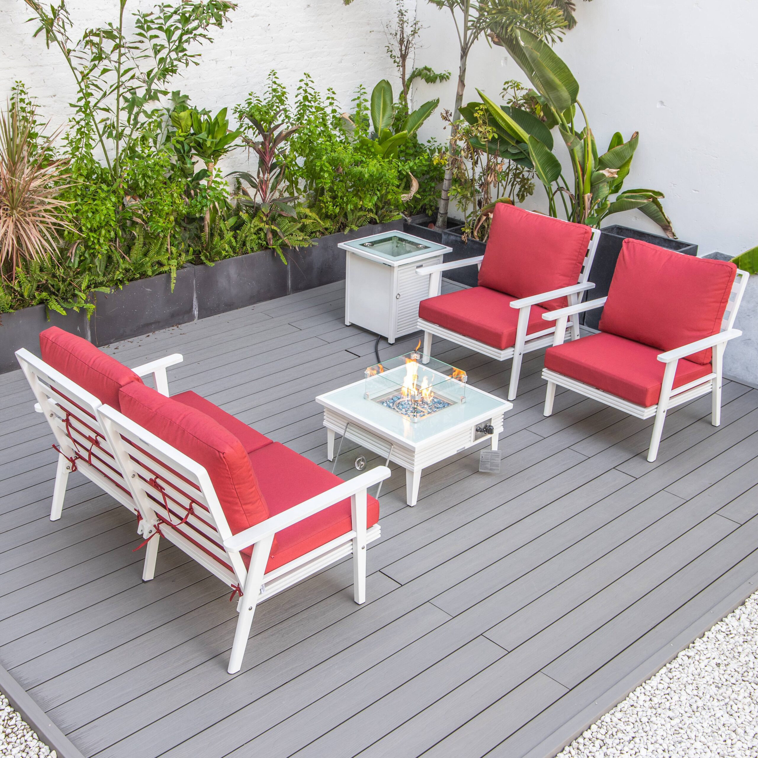 LeisureMod Walbrooke Modern White Patio Conversation With Square Fire Pit With Slats Design & Tank Holder - Red