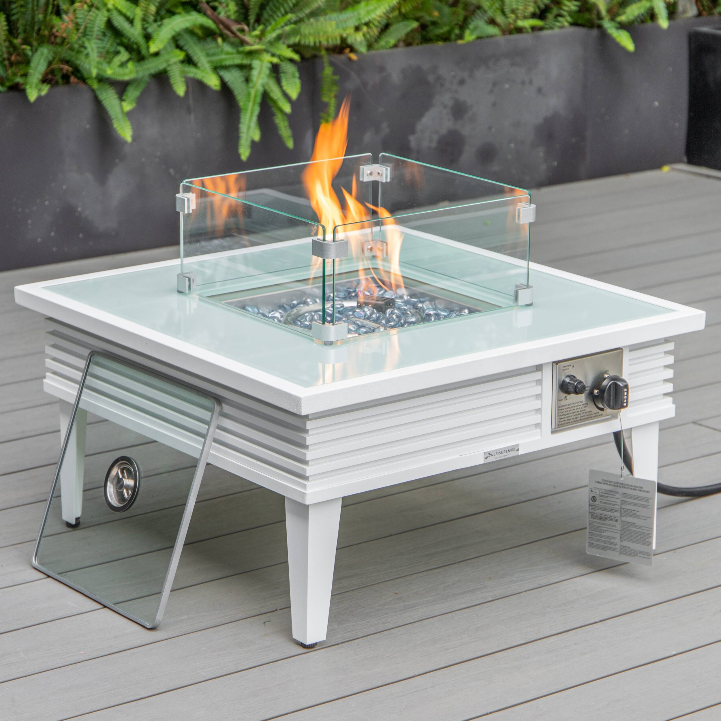 LeisureMod Walbrooke Modern Outdoor Square Fire Pit Table with Powder-Coated Aluminum Frame and Slats Design - White