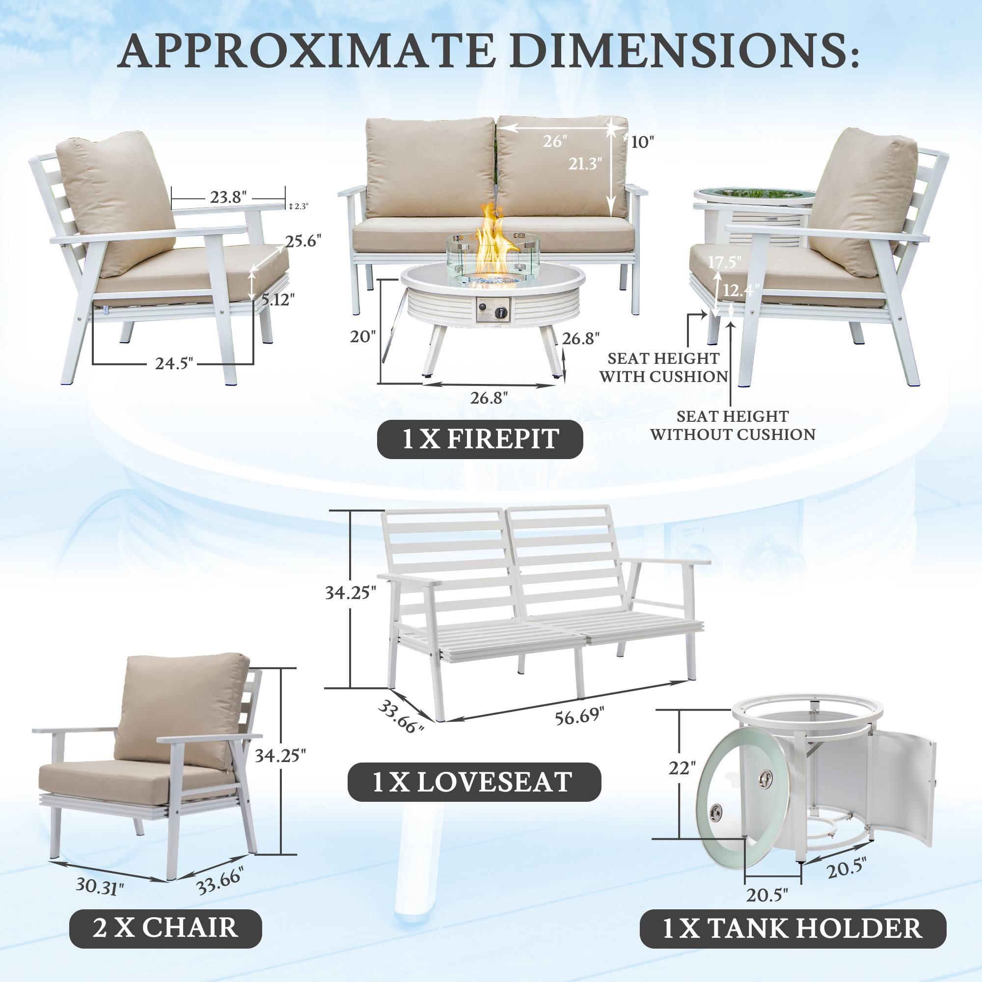 LeisureMod Walbrooke Modern White Patio Conversation With Round Fire Pit With Slats Design & Tank Holder - Beige