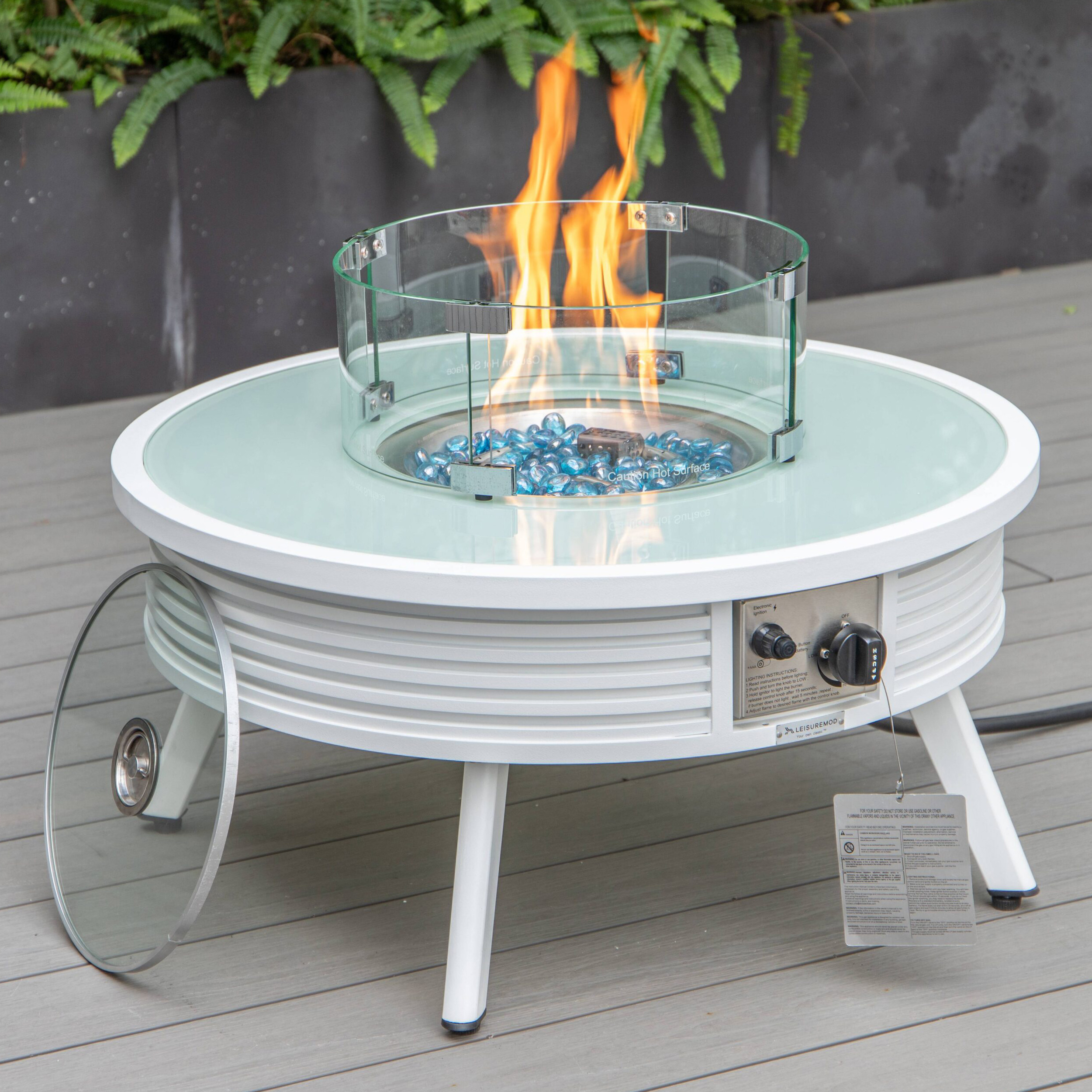 LeisureMod Walbrooke Modern White Patio Conversation With Round Fire Pit With Slats Design & Tank Holder - Beige