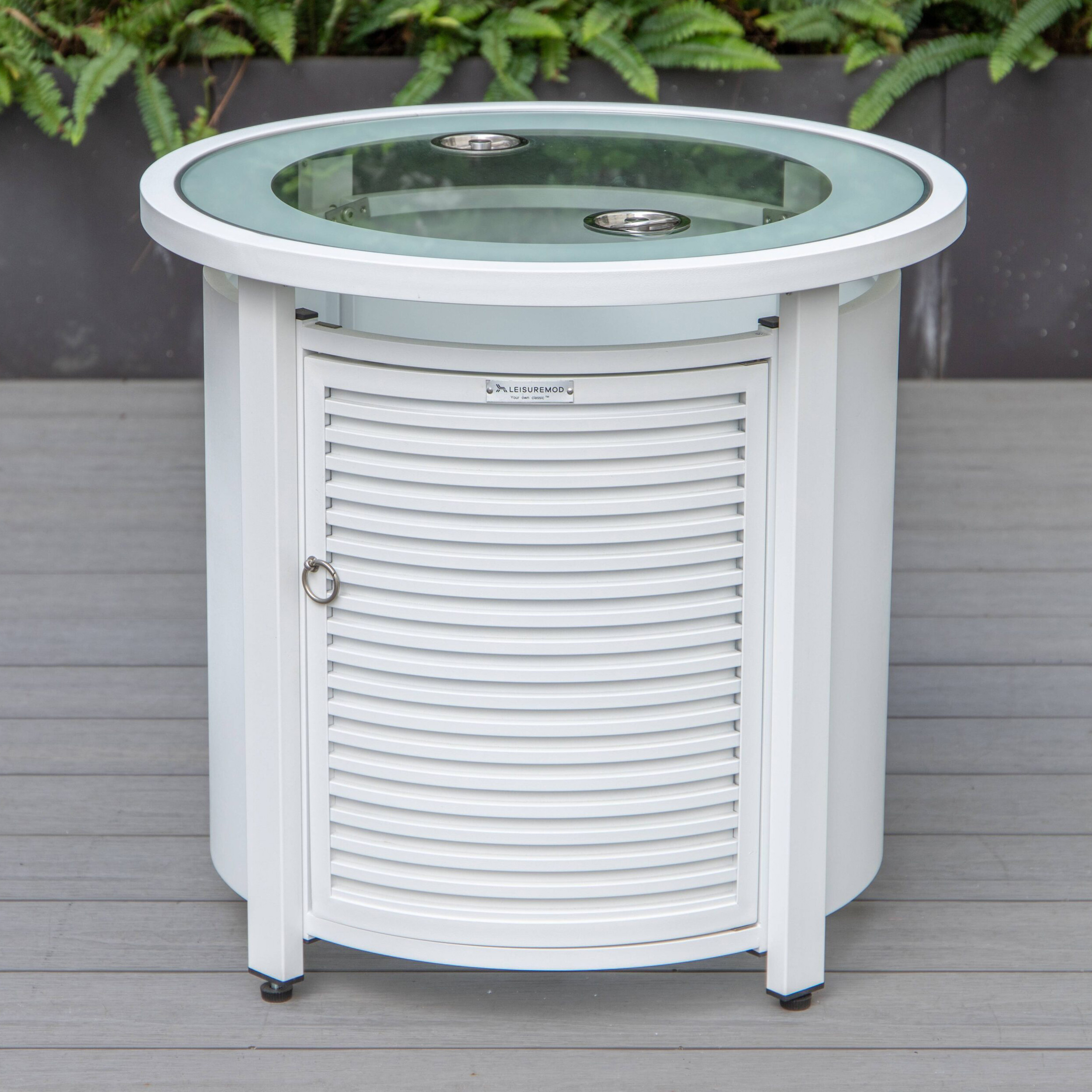 LeisureMod Walbrooke Modern White Patio Conversation With Round Fire Pit With Slats Design & Tank Holder - Beige