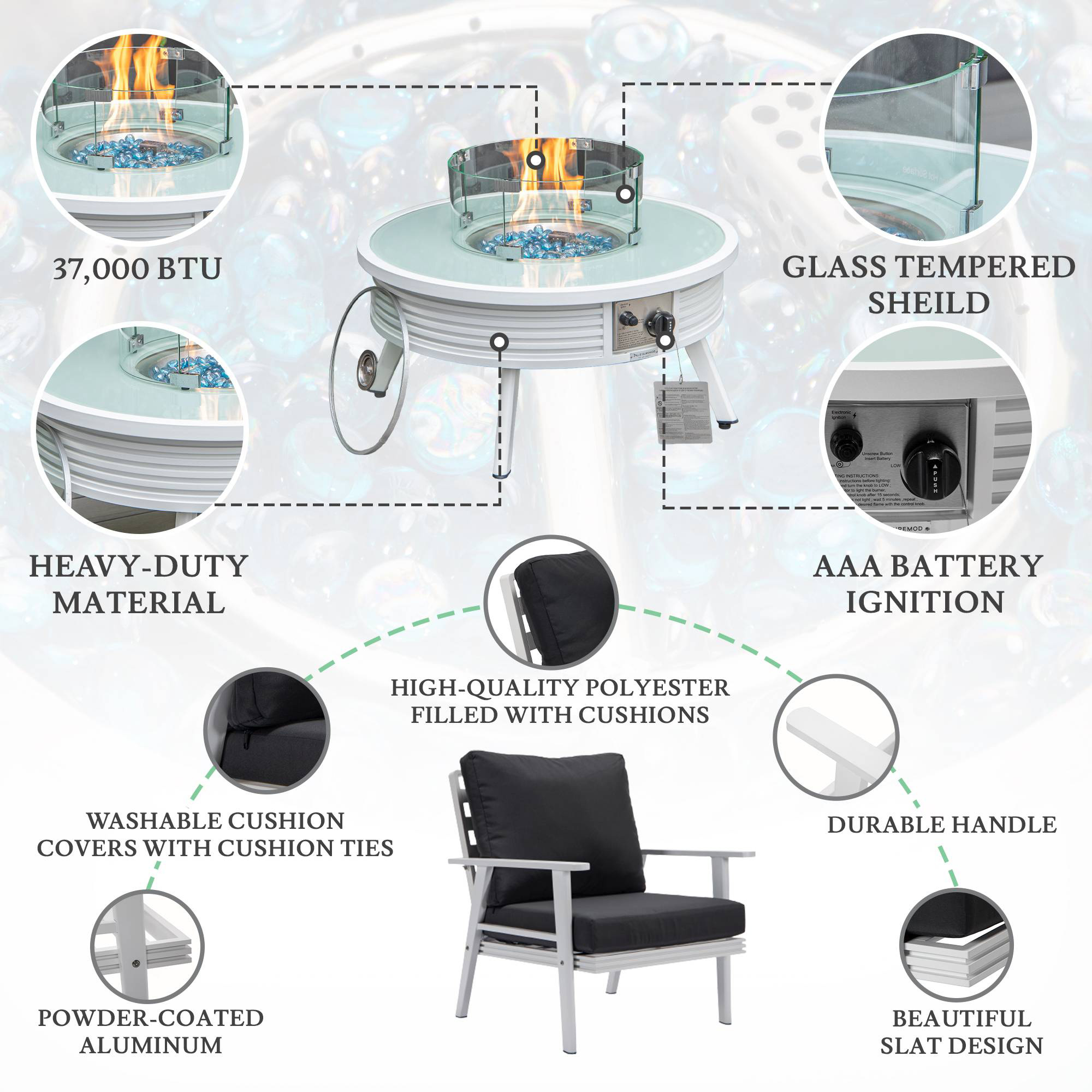 LeisureMod Walbrooke Modern White Patio Conversation With Round Fire Pit With Slats Design & Tank Holder - Charcoal