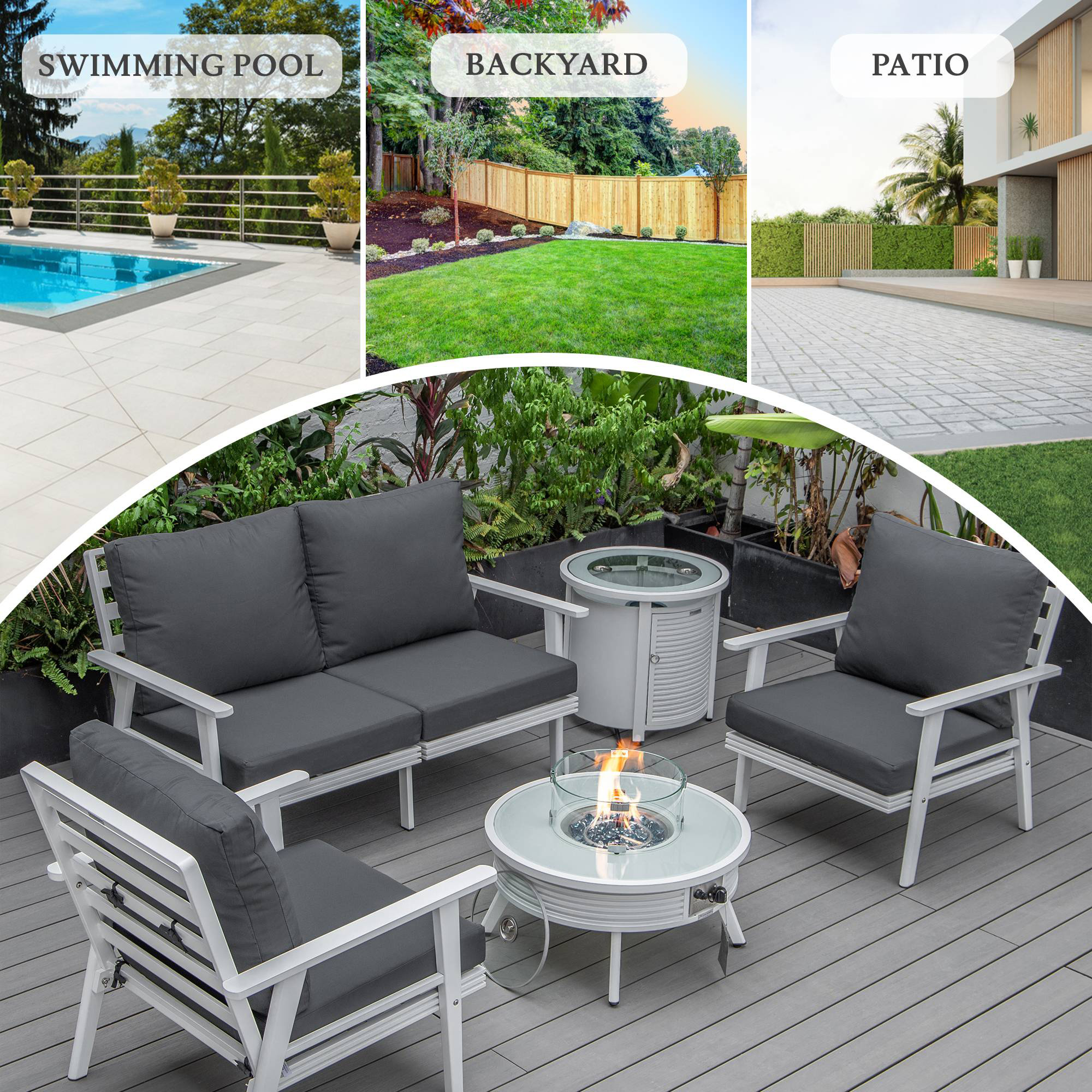 LeisureMod Walbrooke Modern White Patio Conversation With Round Fire Pit With Slats Design & Tank Holder - Charcoal