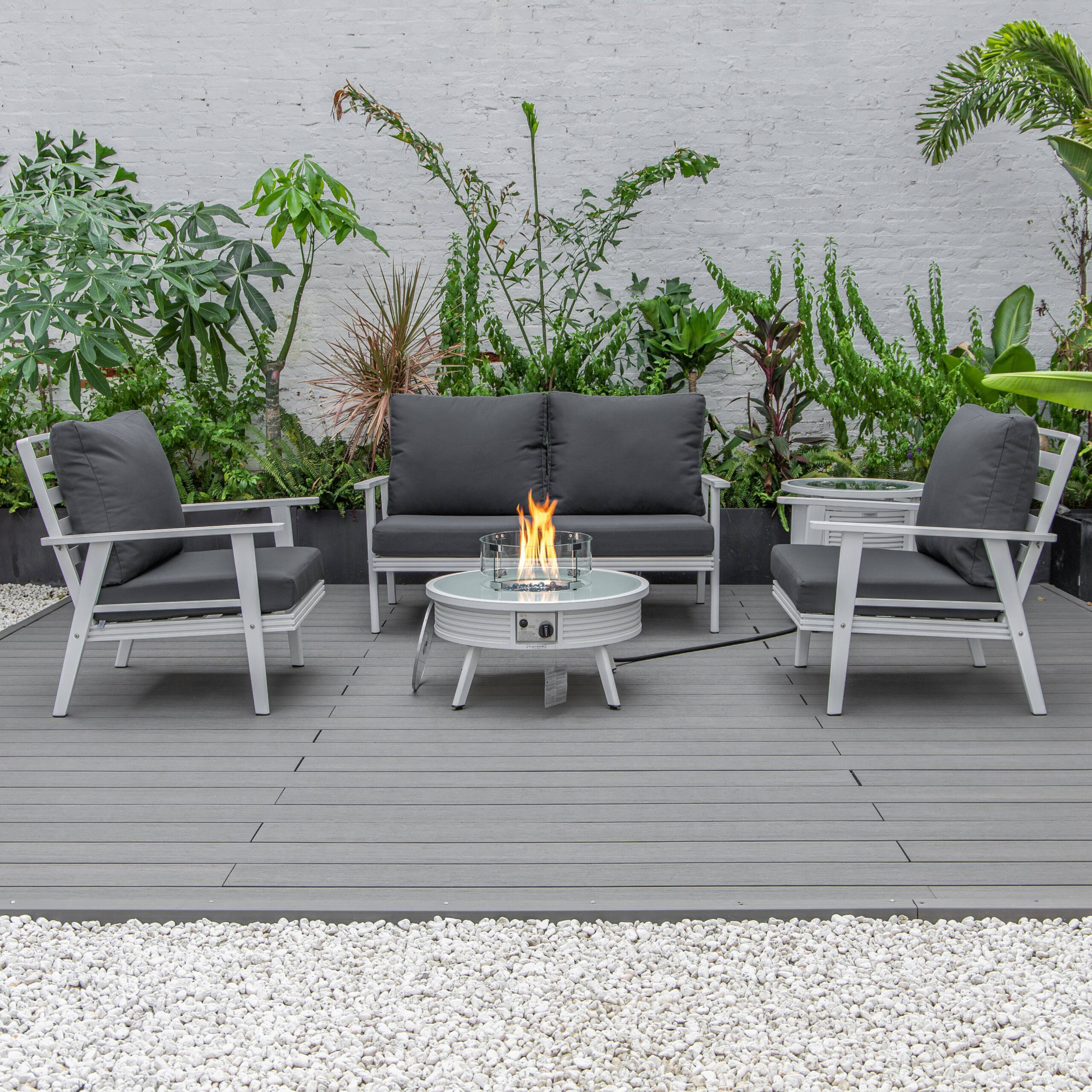 LeisureMod Walbrooke Modern White Patio Conversation With Round Fire Pit With Slats Design & Tank Holder - Charcoal