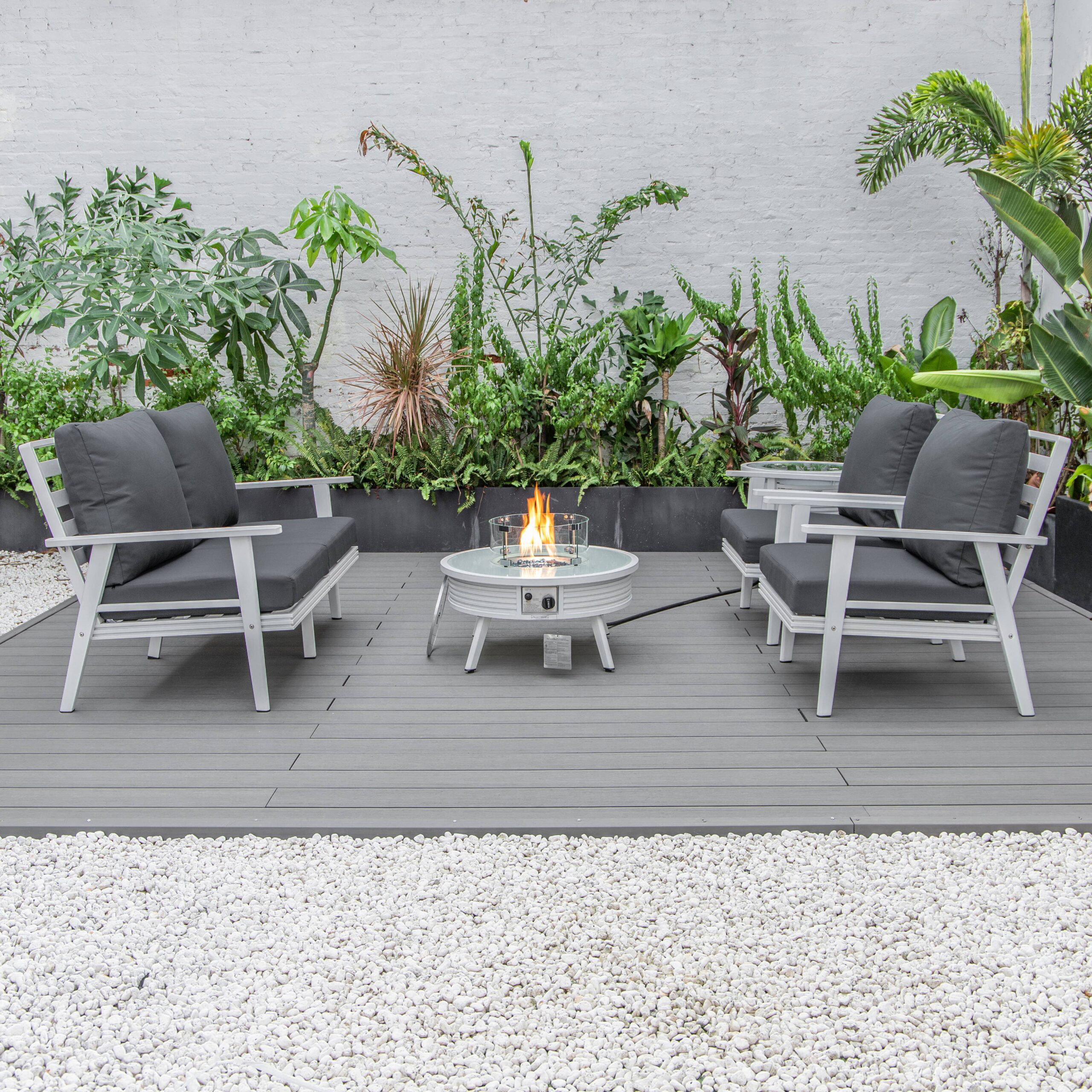 LeisureMod Walbrooke Modern White Patio Conversation With Round Fire Pit With Slats Design & Tank Holder - Charcoal