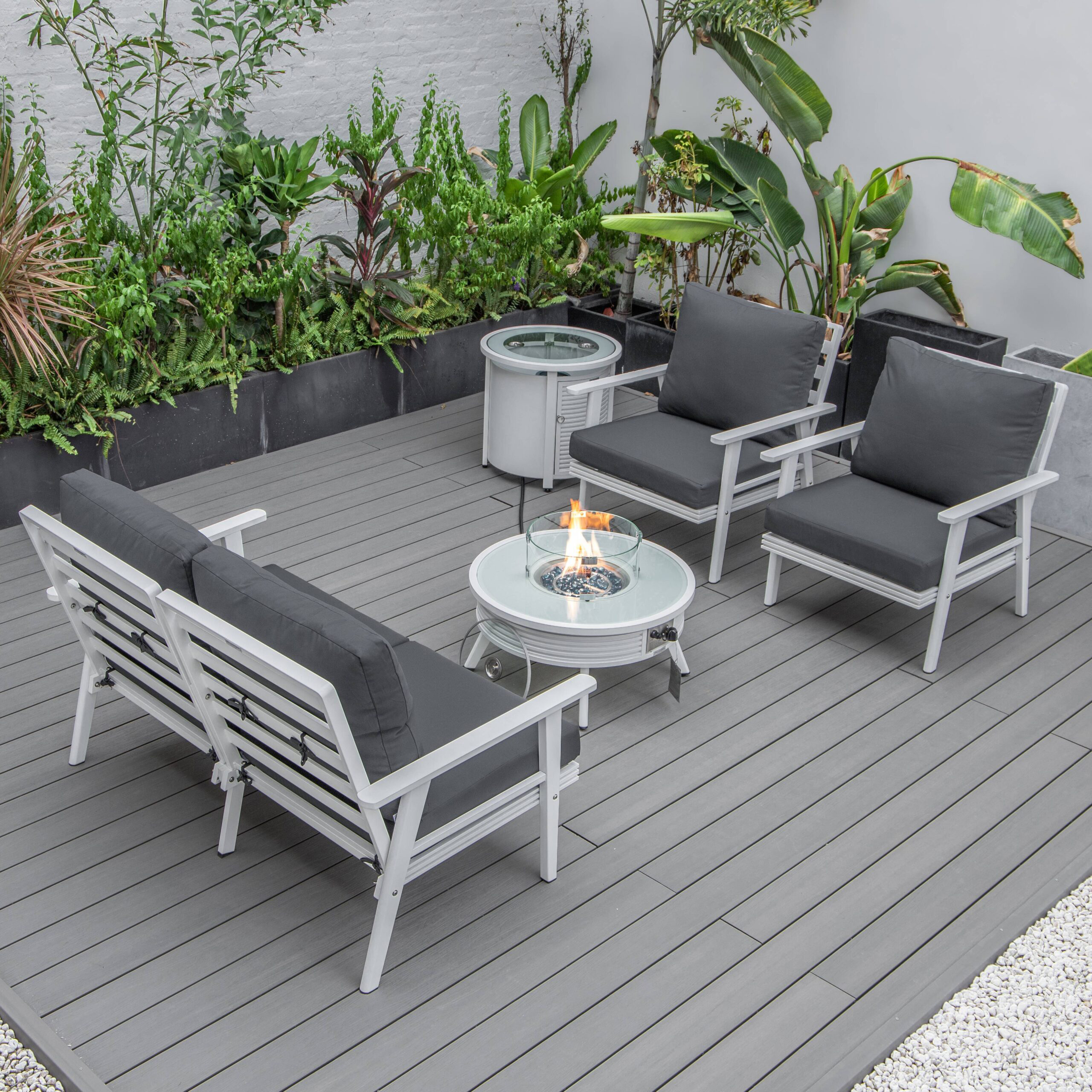 LeisureMod Walbrooke Modern White Patio Conversation With Round Fire Pit With Slats Design & Tank Holder - Charcoal