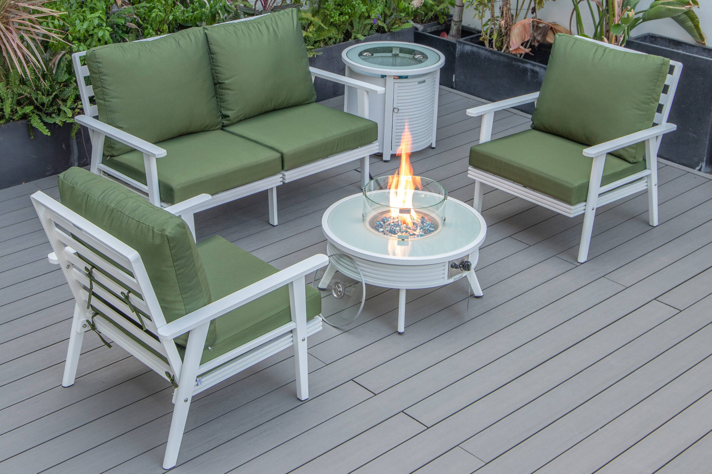 LeisureMod Walbrooke Modern Black Patio Conversation With Round Fire Pit With Slats Design & Tank Holder