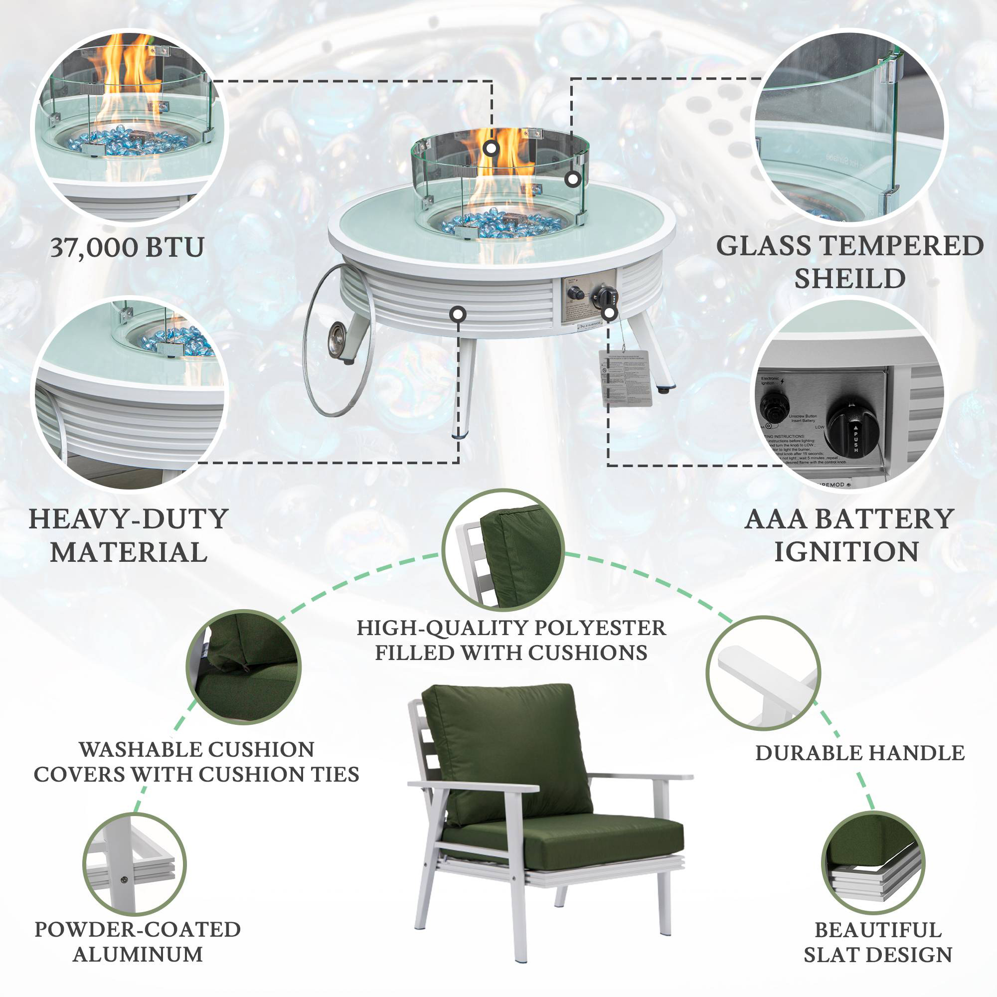 LeisureMod Walbrooke Modern White Patio Conversation With Round Fire Pit With Slats Design & Tank Holder - Green