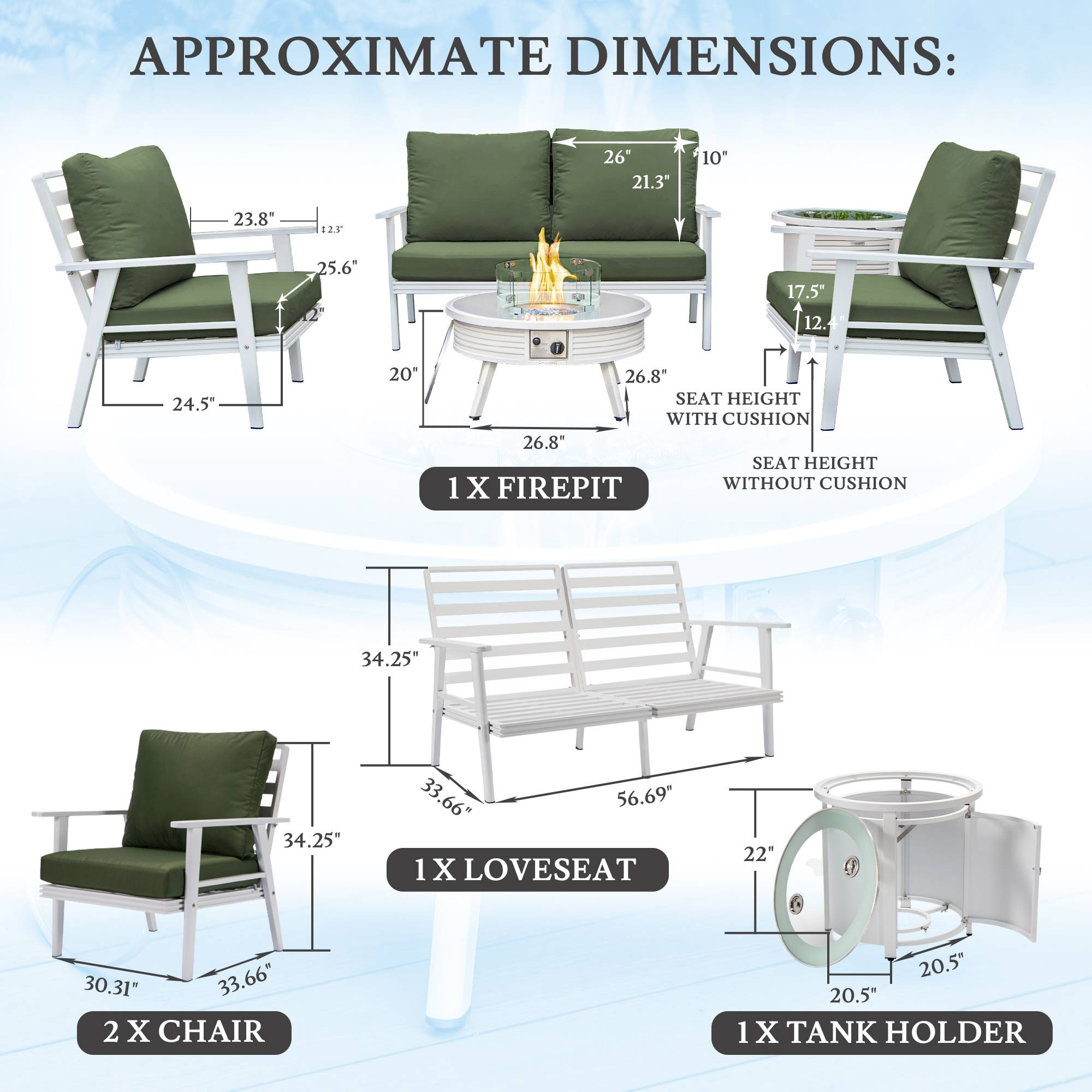 LeisureMod Walbrooke Modern White Patio Conversation With Round Fire Pit With Slats Design & Tank Holder - Green