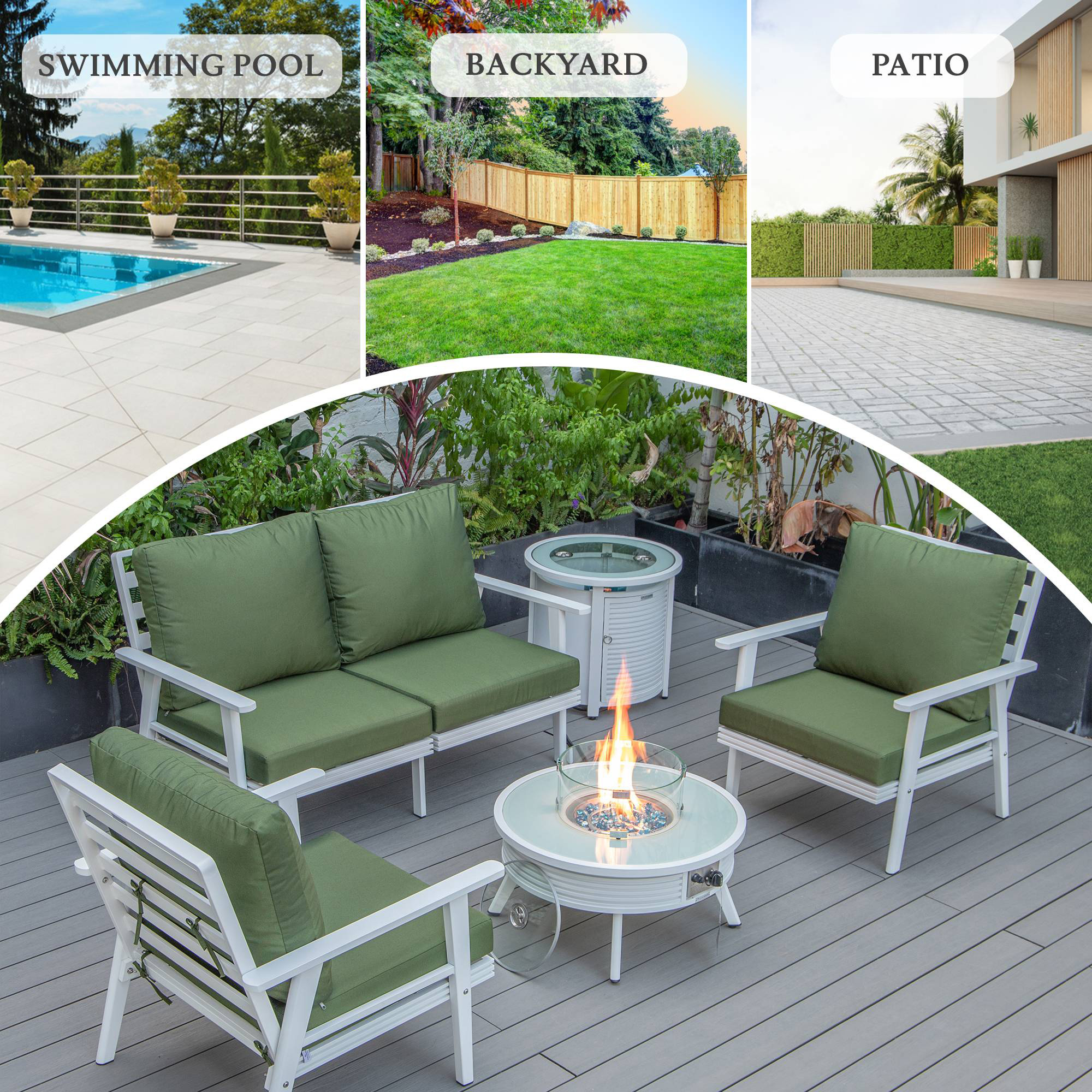 LeisureMod Walbrooke Modern White Patio Conversation With Round Fire Pit With Slats Design & Tank Holder - Green