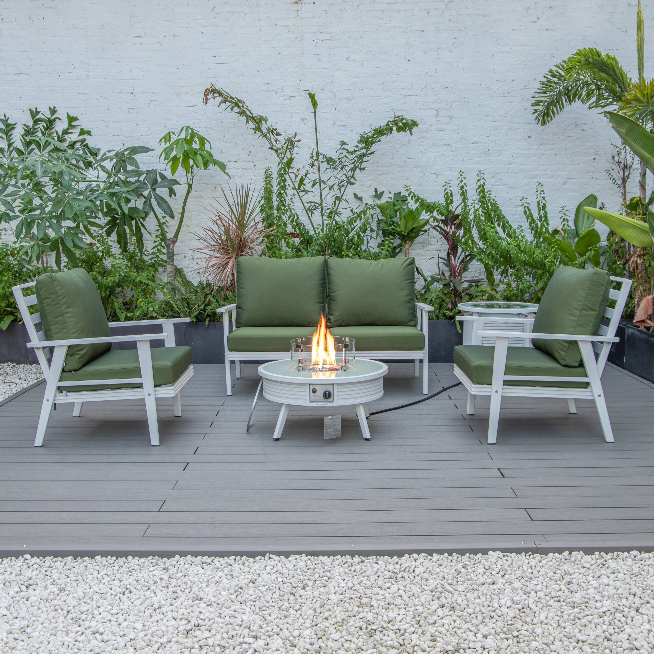 LeisureMod Walbrooke Modern White Patio Conversation With Round Fire Pit With Slats Design & Tank Holder - Green