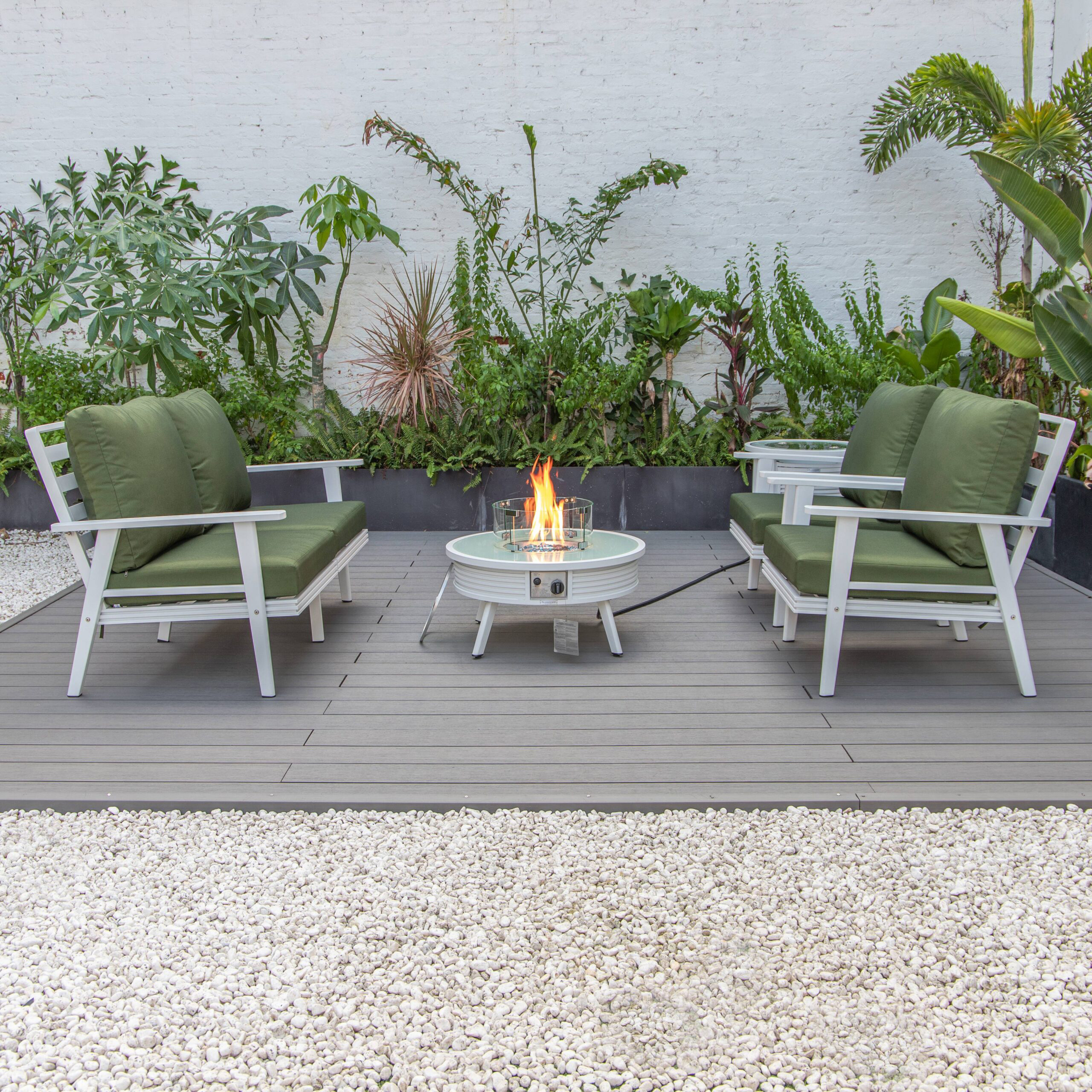 LeisureMod Walbrooke Modern White Patio Conversation With Round Fire Pit With Slats Design & Tank Holder - Green