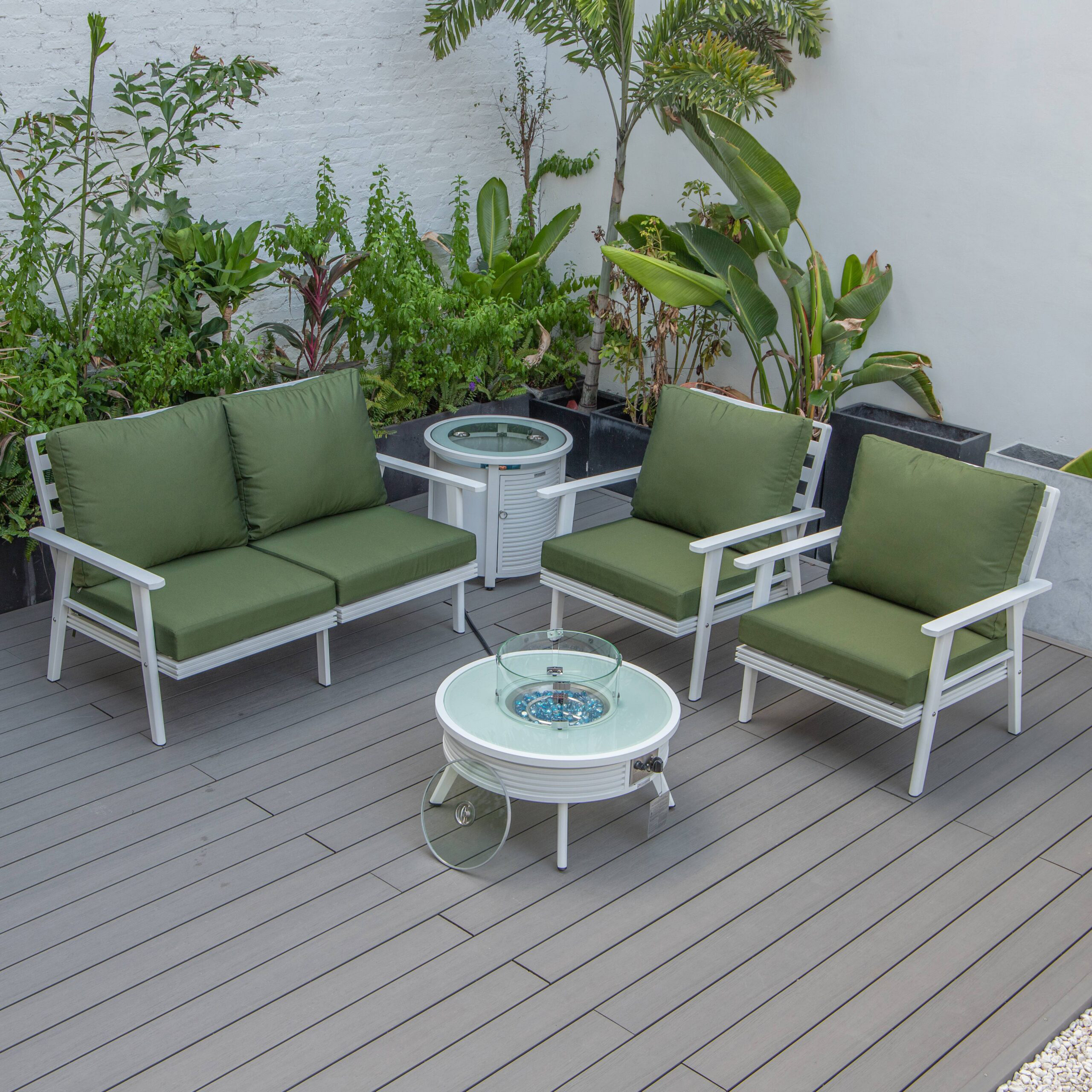 LeisureMod Walbrooke Modern White Patio Conversation With Round Fire Pit With Slats Design & Tank Holder - Green