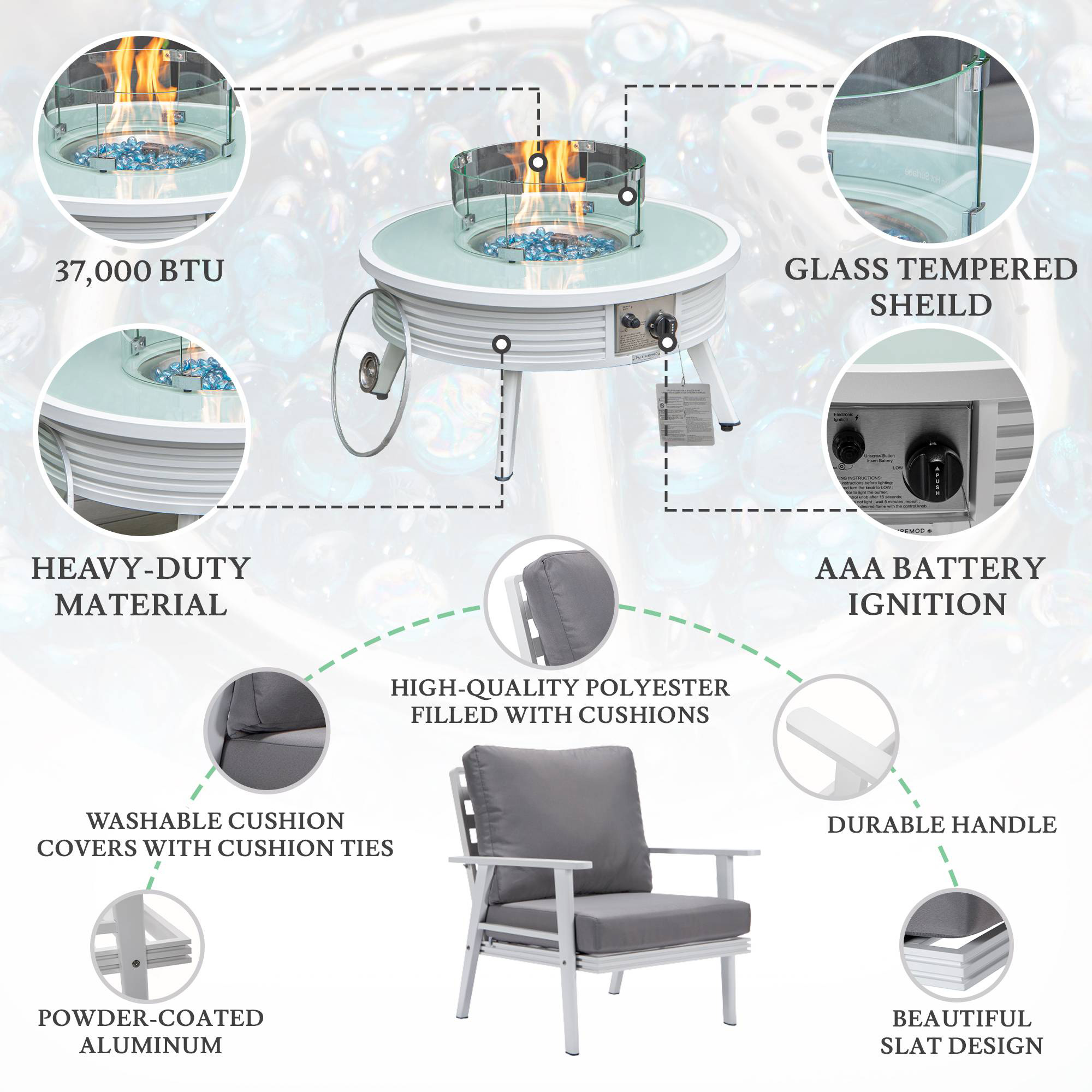 LeisureMod Walbrooke Modern White Patio Conversation With Round Fire Pit With Slats Design & Tank Holder - Gray