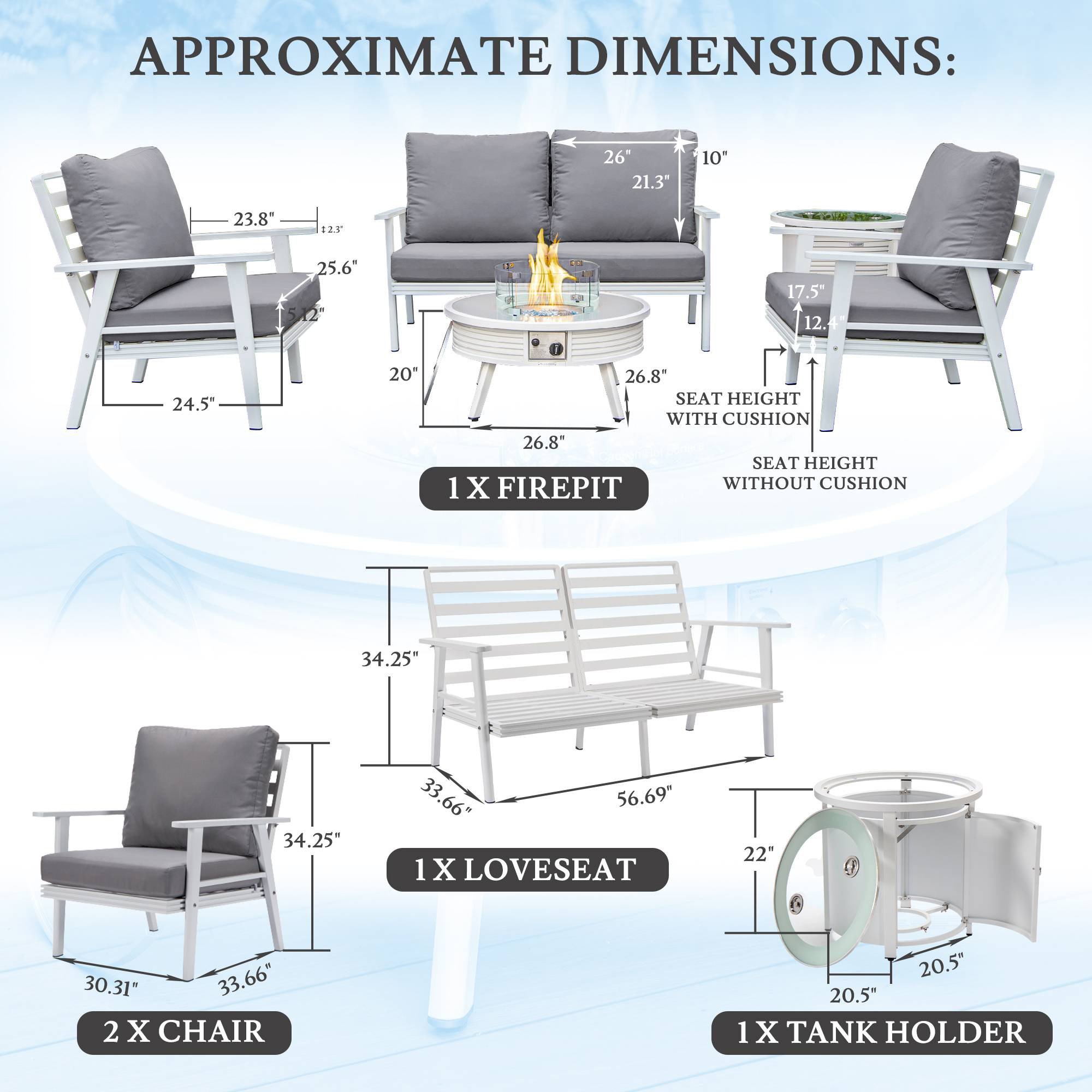 LeisureMod Walbrooke Modern White Patio Conversation With Round Fire Pit With Slats Design & Tank Holder - Gray